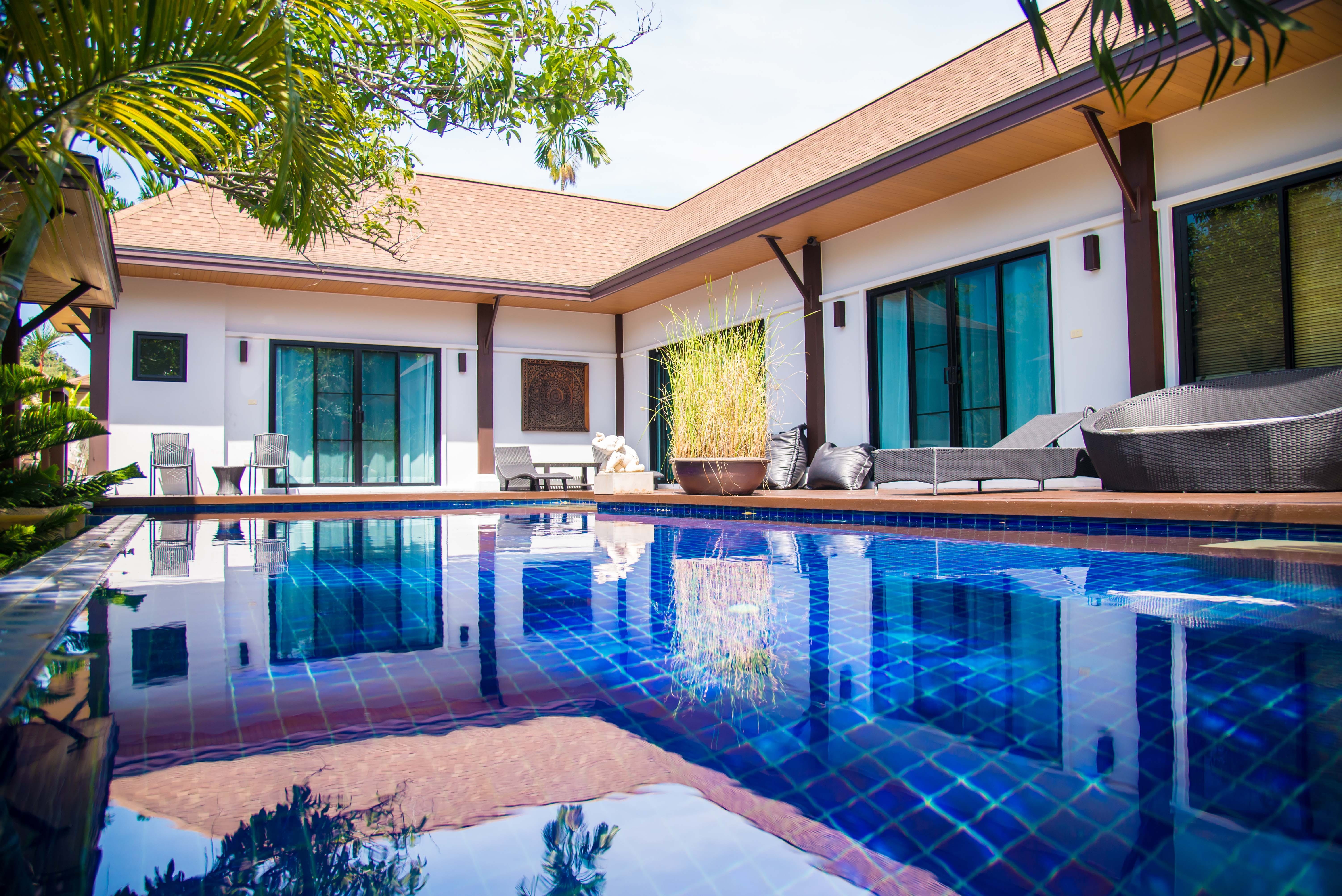 pool, built structure, luxury, no people, swimming pool, window, phuket, villa, nai harn, 5K, reflection, architecture, building exterior, day, nature, HD Wallpaper