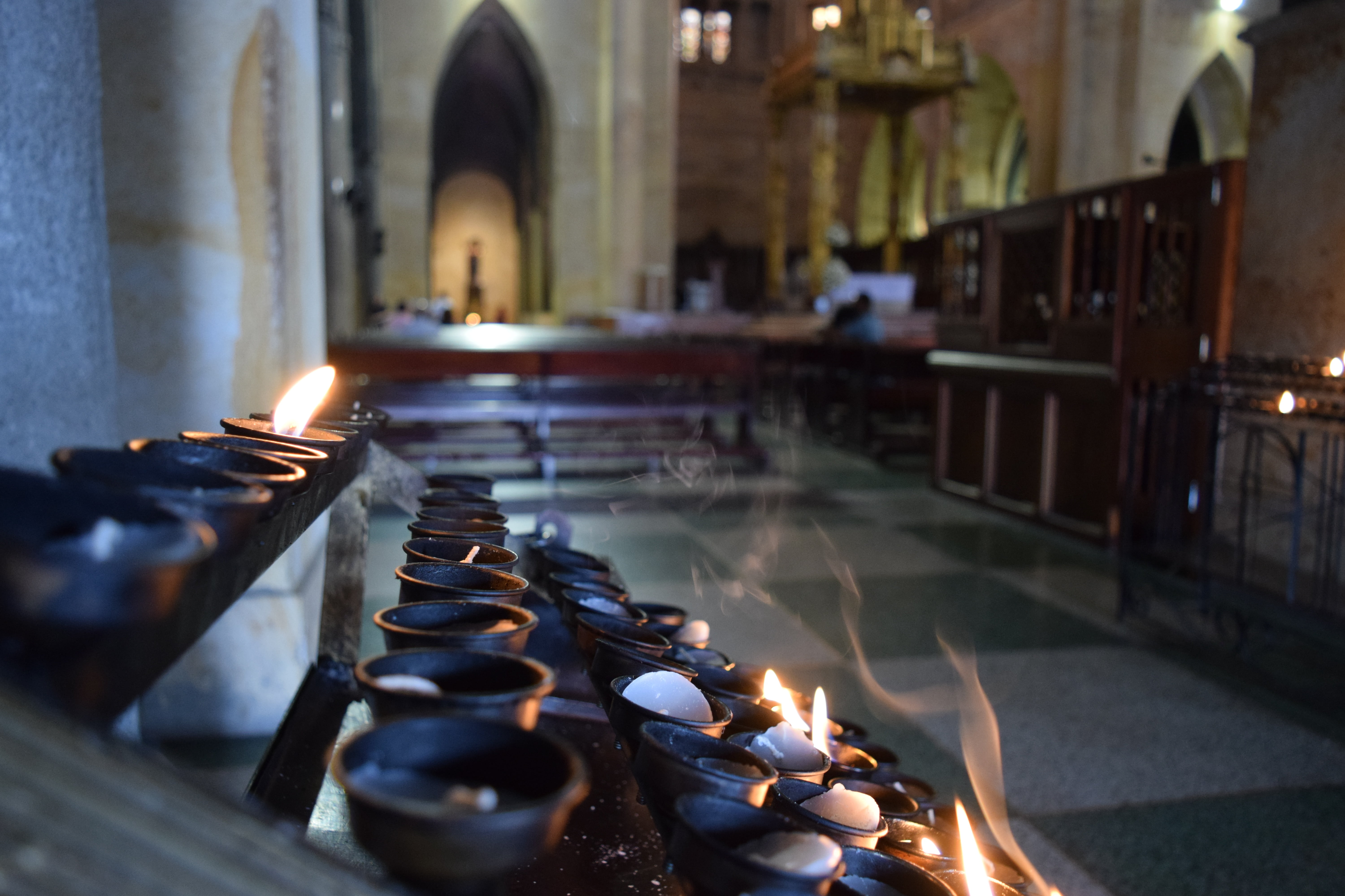 5K, colombia, spirituality, built structure, heat - temperature, illuminated, belief, electric lamp, candles, before god, flame, place of worship, church, HD Wallpaper