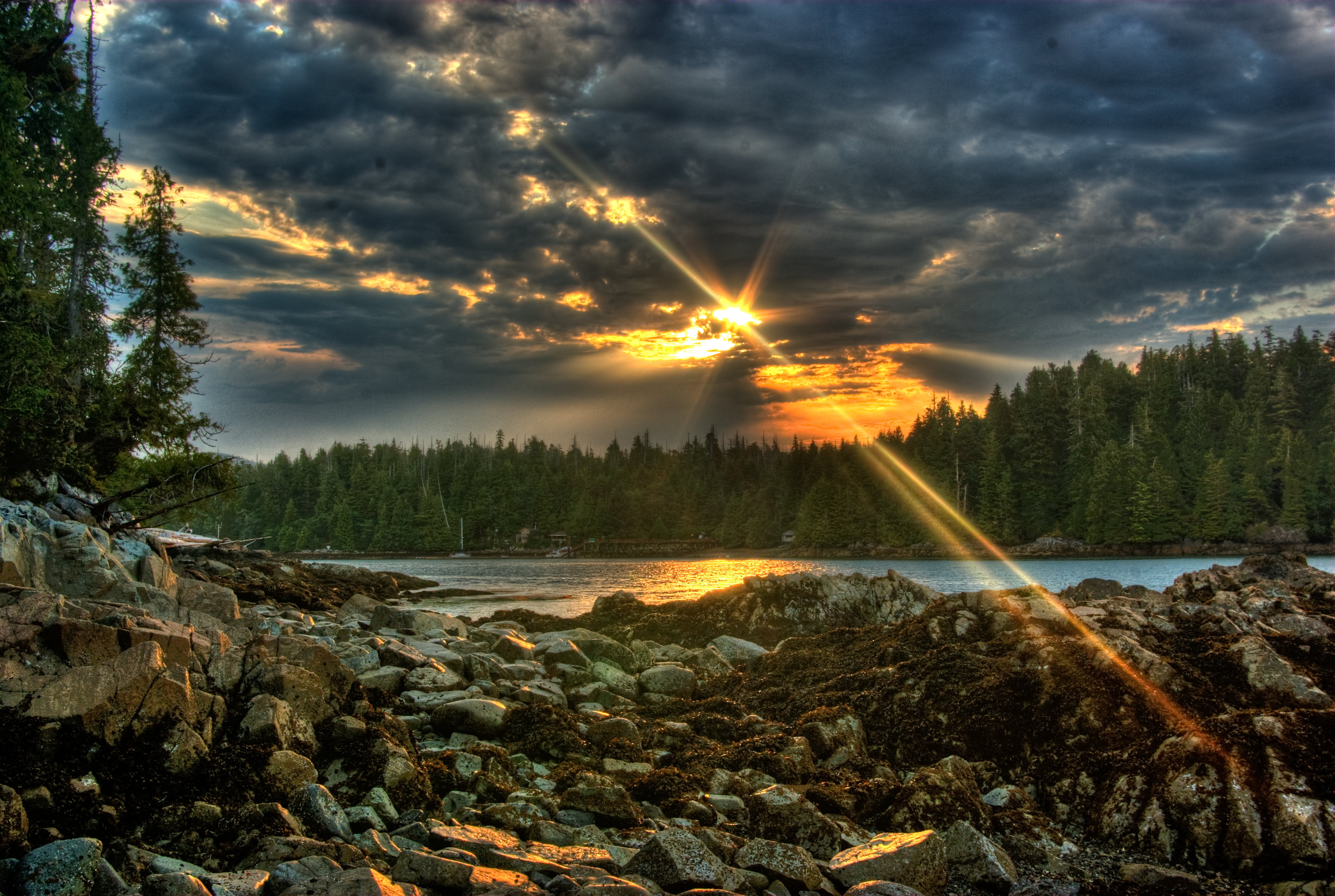 near, surrounded, water, sky, nature, cumulustratus, hour, mountain, HDR, golden, sunrays, field, evergreen, 4K, hot  springs  cove, scenics, outdoors, HD Wallpaper