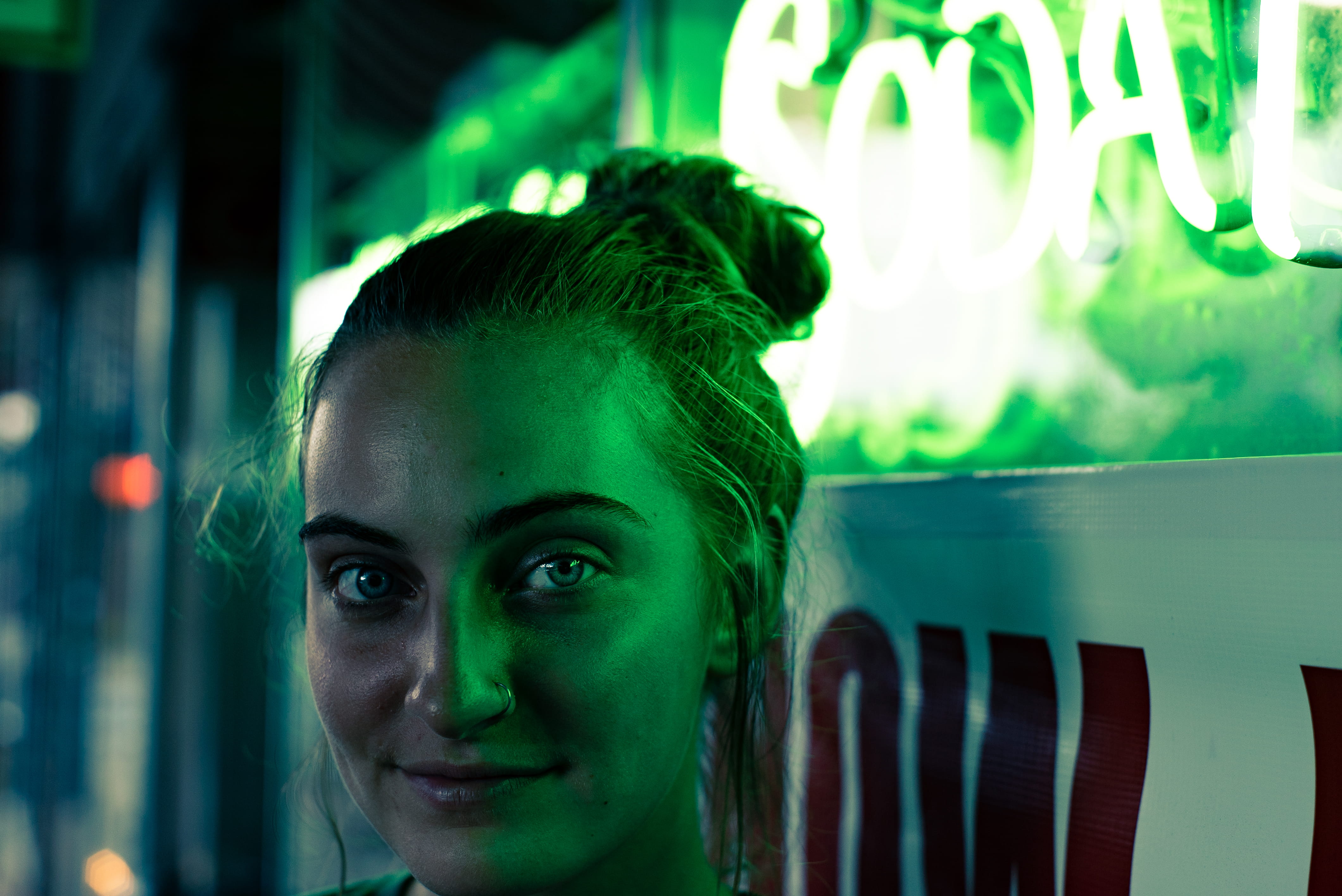 light - natural phenomenon, 4K, neon, headshot, green, messy hair, night, looking at camera, united states, nightlife, close-up, light, hairstyle, young adult, HD Wallpaper