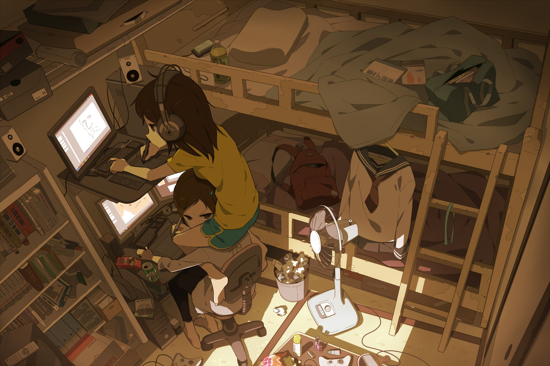 adult, drum - percussion instrument, Original, Oekaki Musume, arts culture and entertainment, people, Short Hair, artist, 1080P, musical equipment, electric lamp, HD Wallpaper