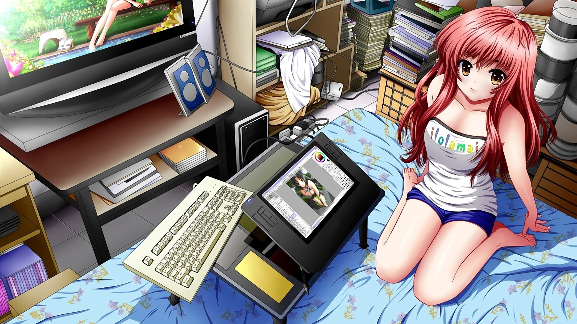 hd, anime, girls, ilolamai, art, oekaki, musume, people, x, artist, 1080P, women, Computers, redheads, HD Wallpaper