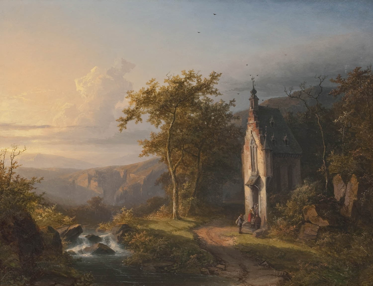 mountain, painting, classic art, land, sky, dirt road, waterfall, 720P, lifestyles, leisure activity, church, stream, outdoors, day, solid, tree, tranquility, HD Wallpaper