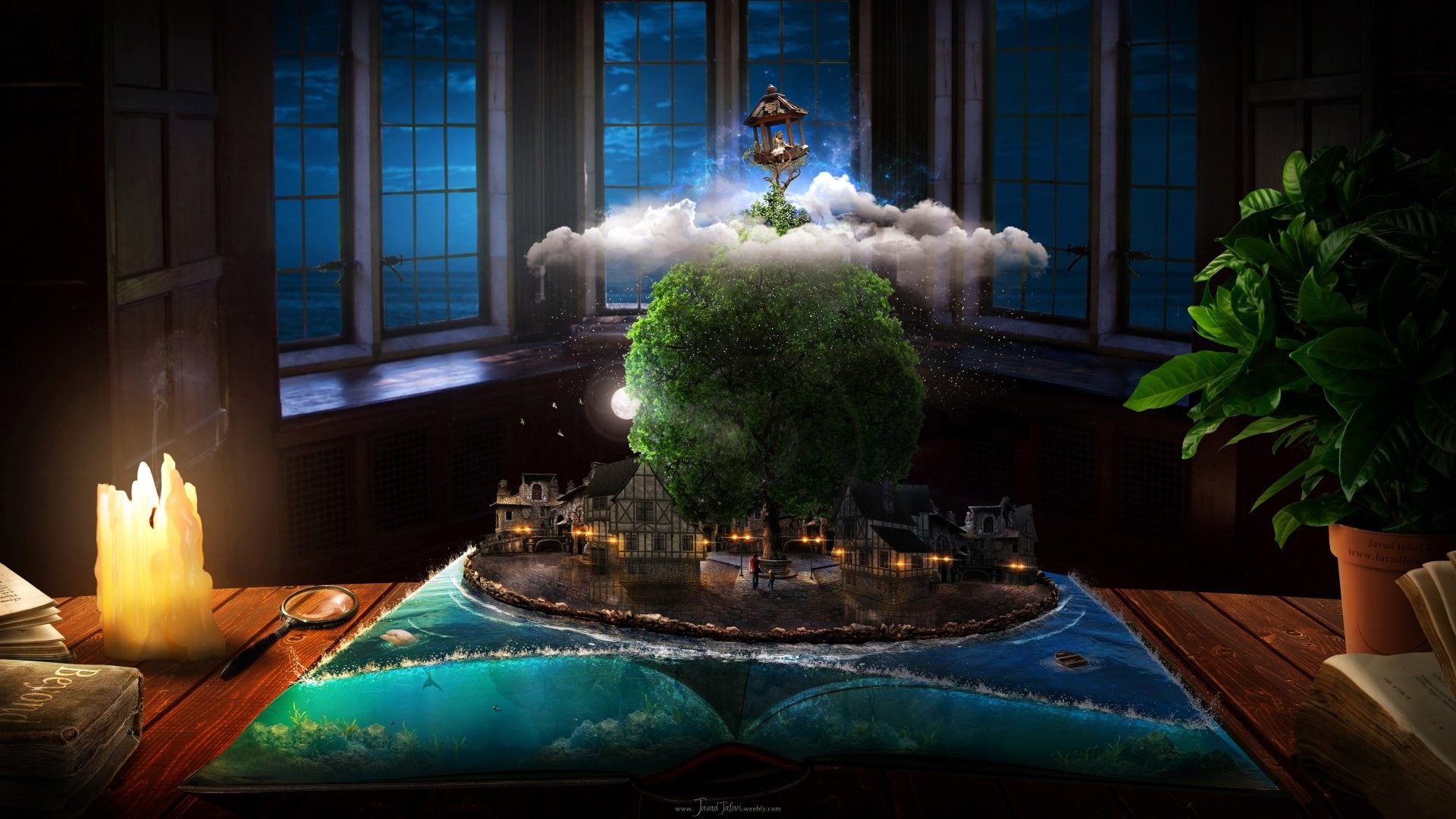 art and craft, animal representation, built structure, building exterior, plant, potted plant, fantasy art, building, creativity, illuminated, day, 1080P, HD Wallpaper