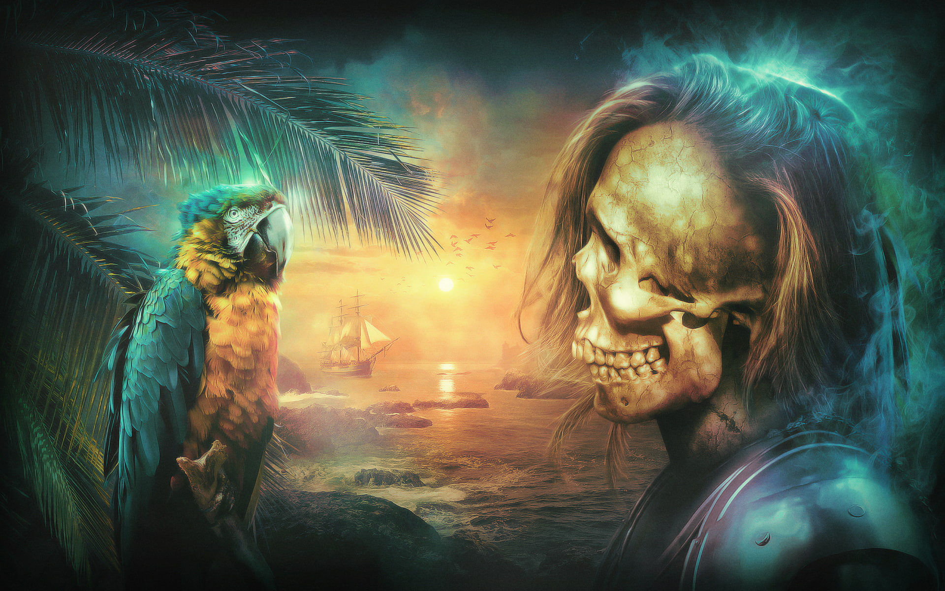 1080P, fantasy, ships, artistic, pirates, dark, skulls, animals, birds, desktopograghy, parrots, HD Wallpaper