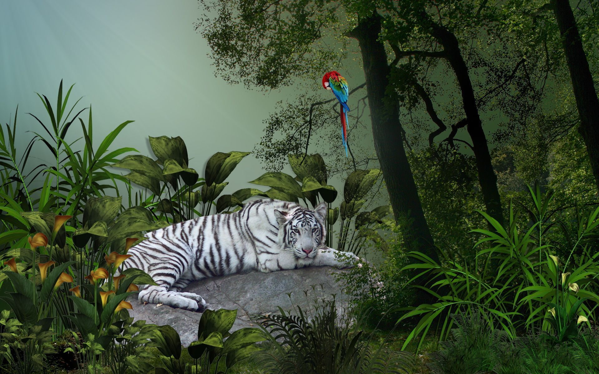birds, fantasy, trees, tiger, 1080P, art, parrot, HD Wallpaper