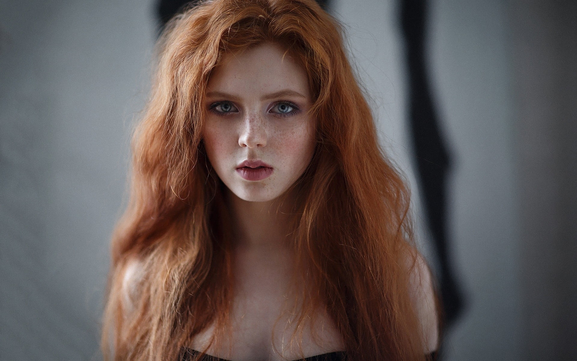 freckles, long hair, women, blue eyes, 1080P, depth of field, redhead, Alexey Kazantsev, face, model, HD Wallpaper