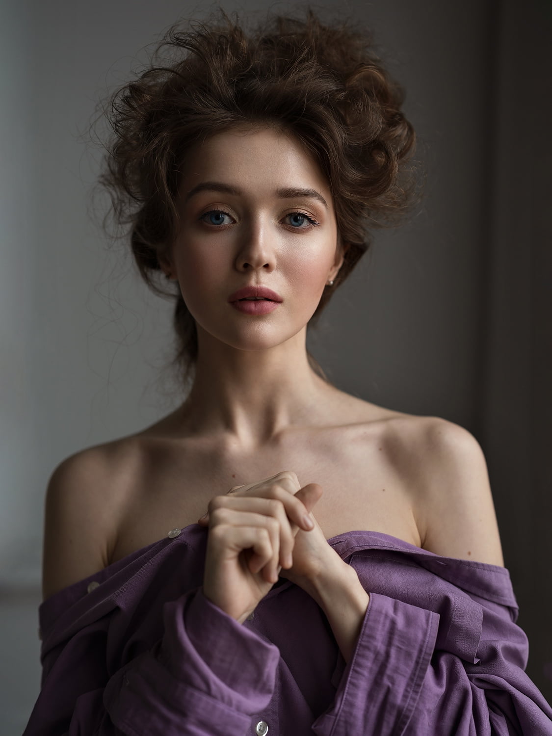 720P, messy hair, bare shoulders, brunette, women, looking at viewer, portrait, indoors, purple clothing, Alexey Kazantsev, Phone HD Wallpaper