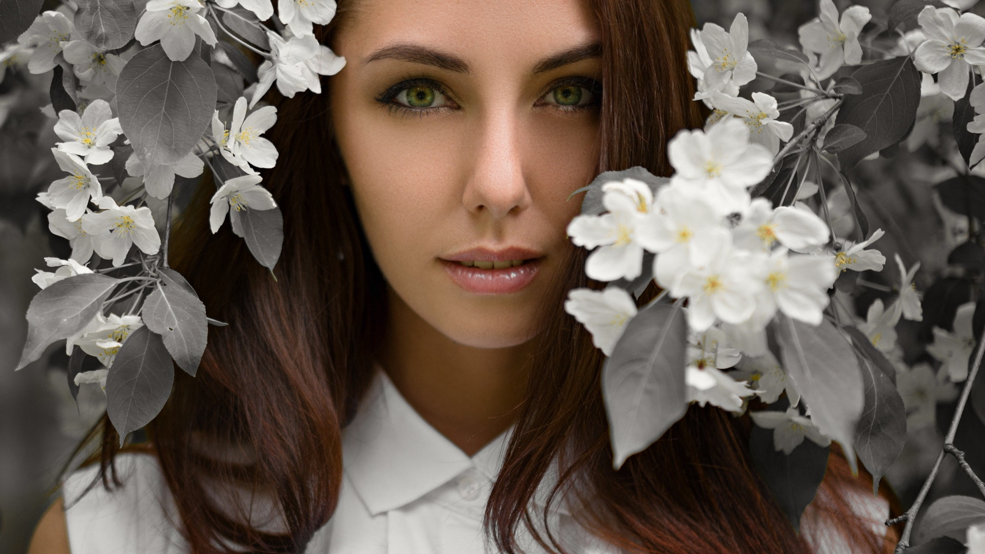 portrait, face, 1080P, Sergey Fat, women, flowers, HD Wallpaper