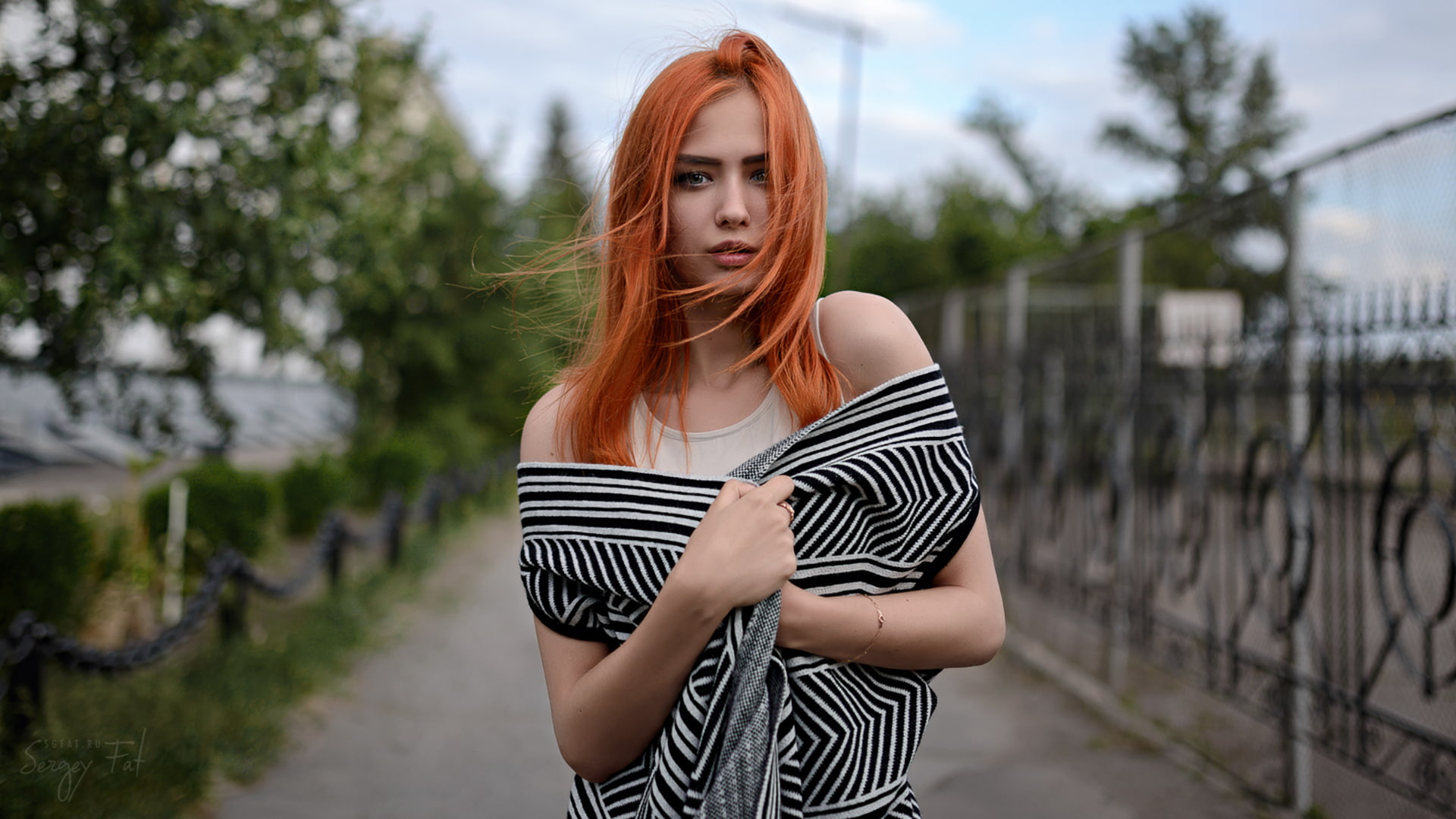hairstyle, Sergey Fat, women, depth of field, one person, beauty, clothing, women outdoors, beautiful woman, casual clothing, striped, hair, fashion, adult, HD Wallpaper