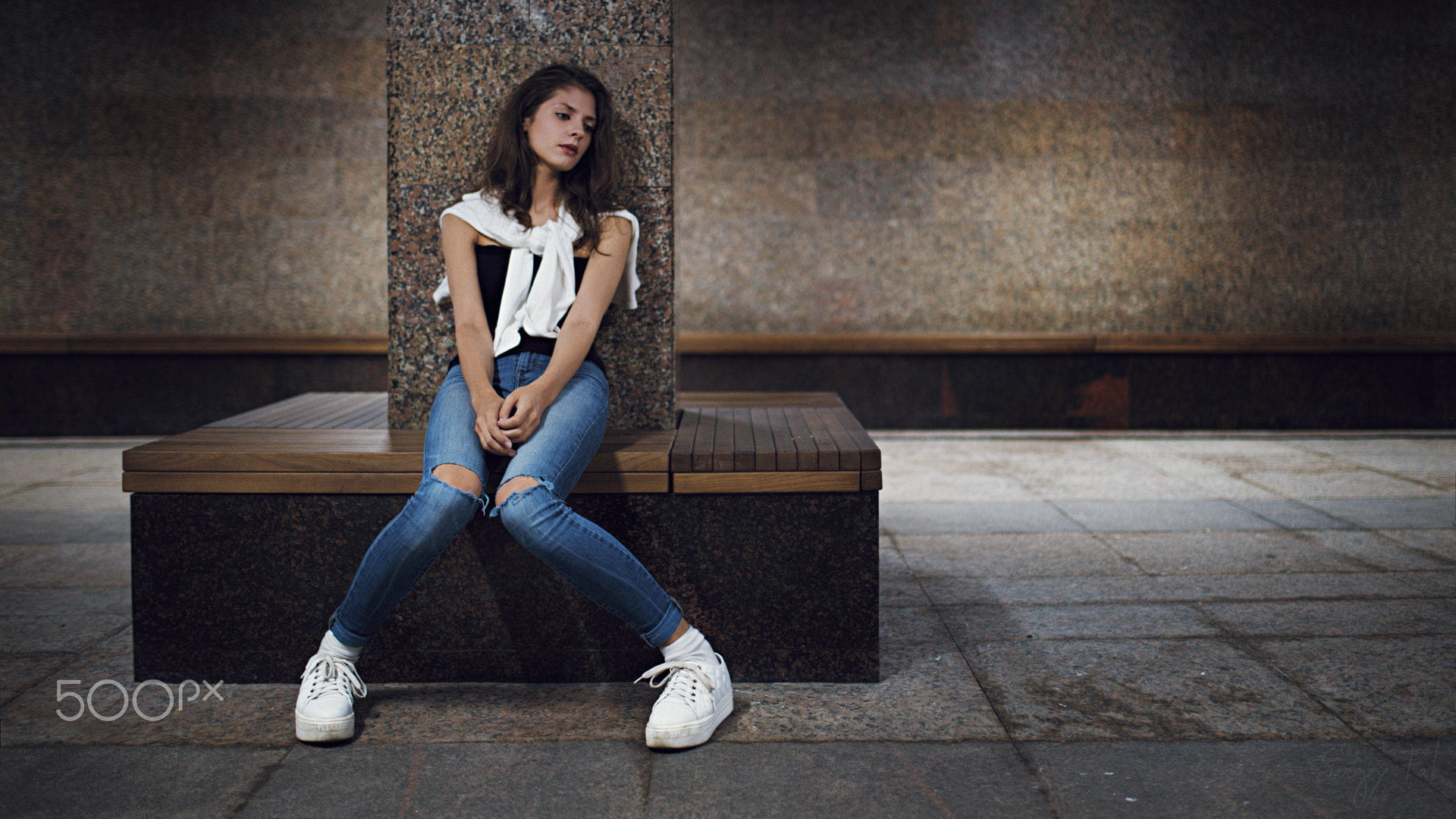 model, blue, hair, women, Sergey Fat, 500px, contemplation, modern, beautiful people, brown hair, beauty, urban, city, waiting, one person, torn jeans, HD Wallpaper
