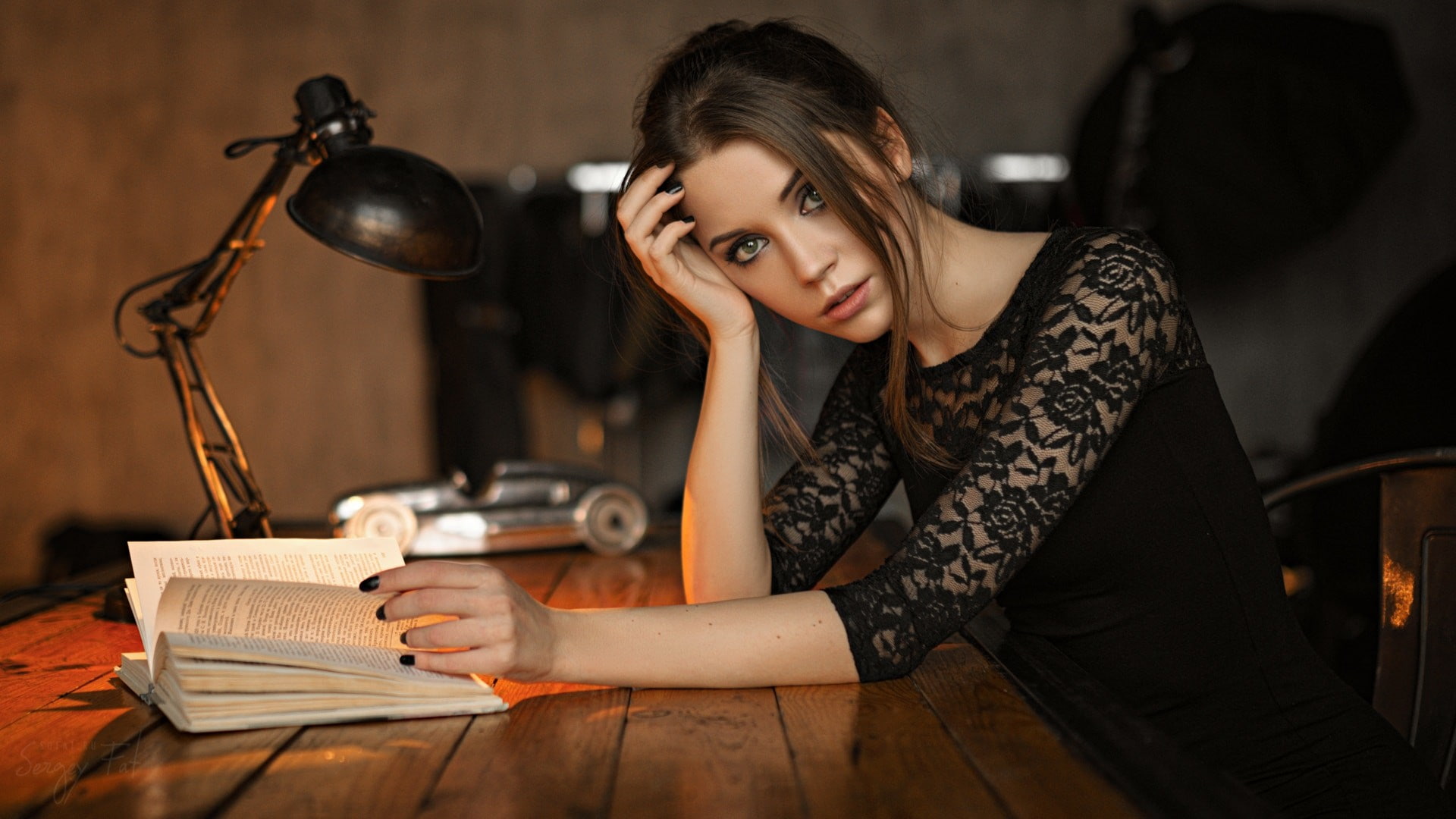 Ksenia Kokoreva, women, black nails, sitting, Sergey Fat, portrait, 1080P, hair in face, HD Wallpaper