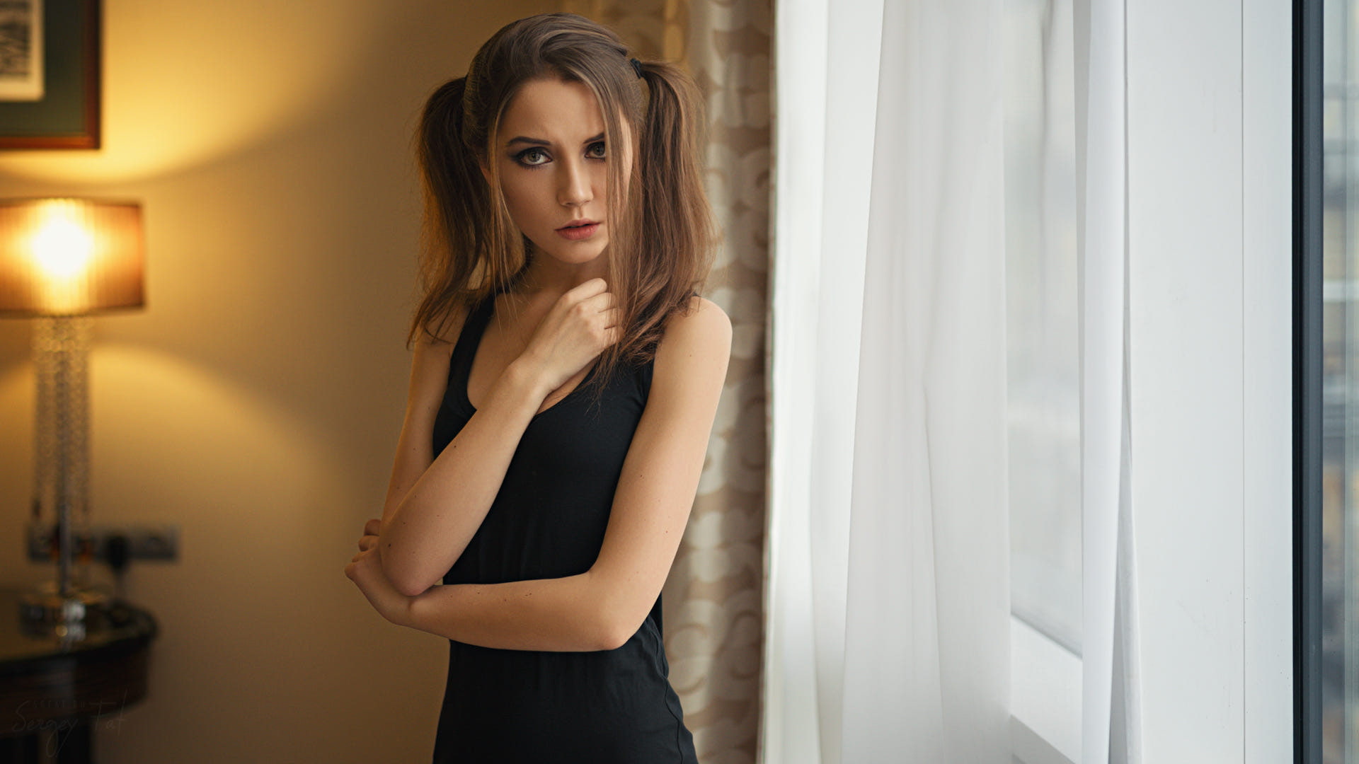 long hair, portrait, face, black dress, pigtails, Sergey Fat, Ksenia Kokoreva, women, standing, brunette, 1080P, HD Wallpaper
