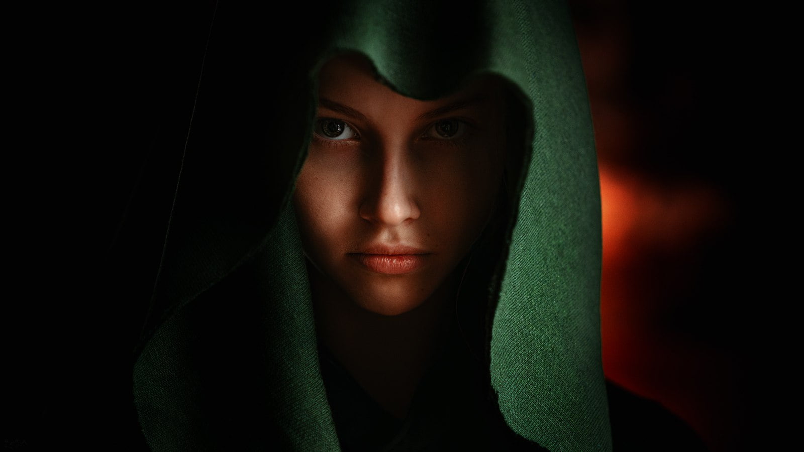 bokeh, mystery, Georgy Chernyadyev, hoods, portrait, black background, Elizaveta Bobkova, headshot, anger, front view, face, looking at camera, evil, hooded shirt, HD Wallpaper