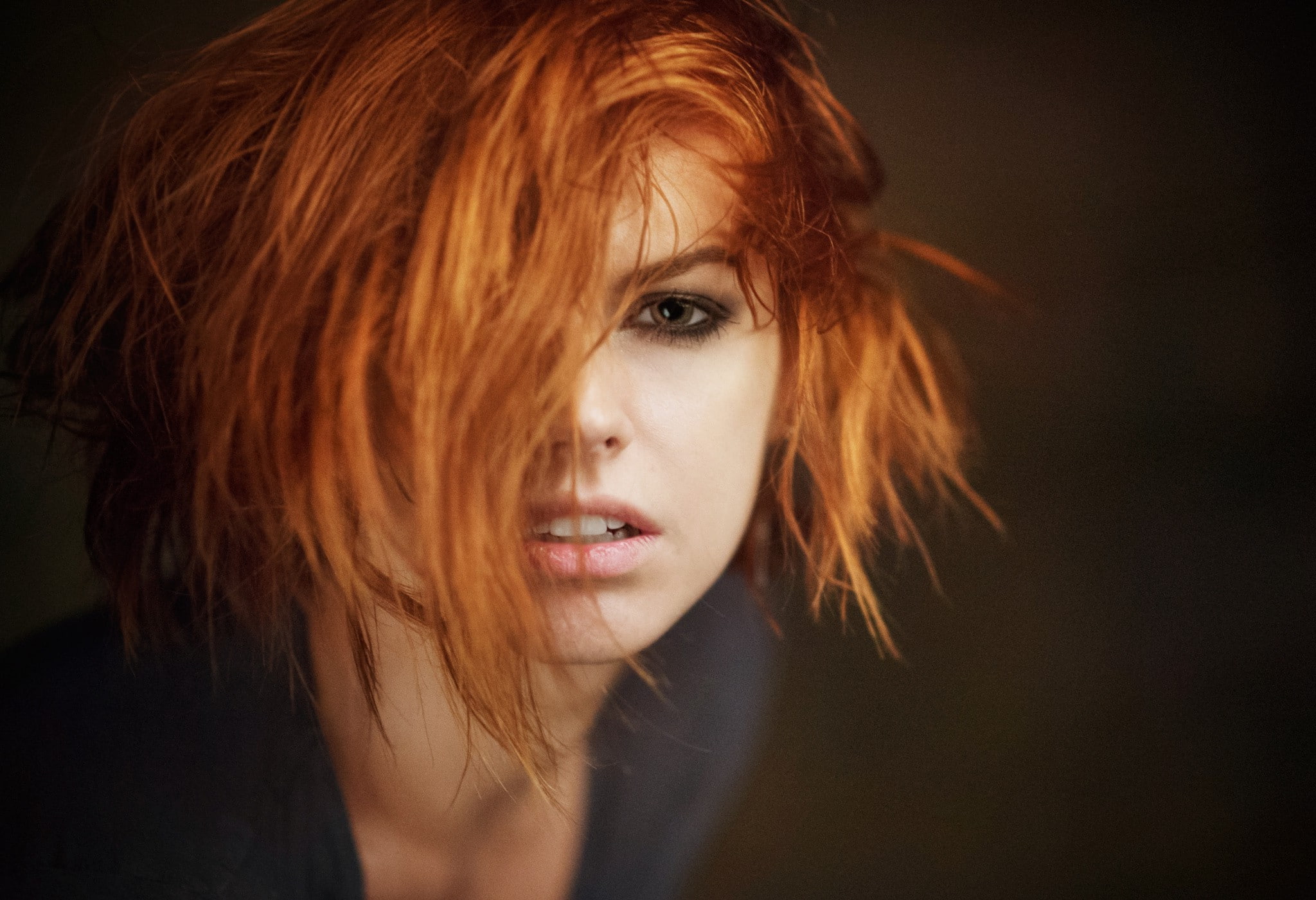 one person, 1080P, hairstyle, human hair, close-up, black background, women, portrait, young adult, dyed red hair, hair, indoors, human face, adult, contemplation, HD Wallpaper