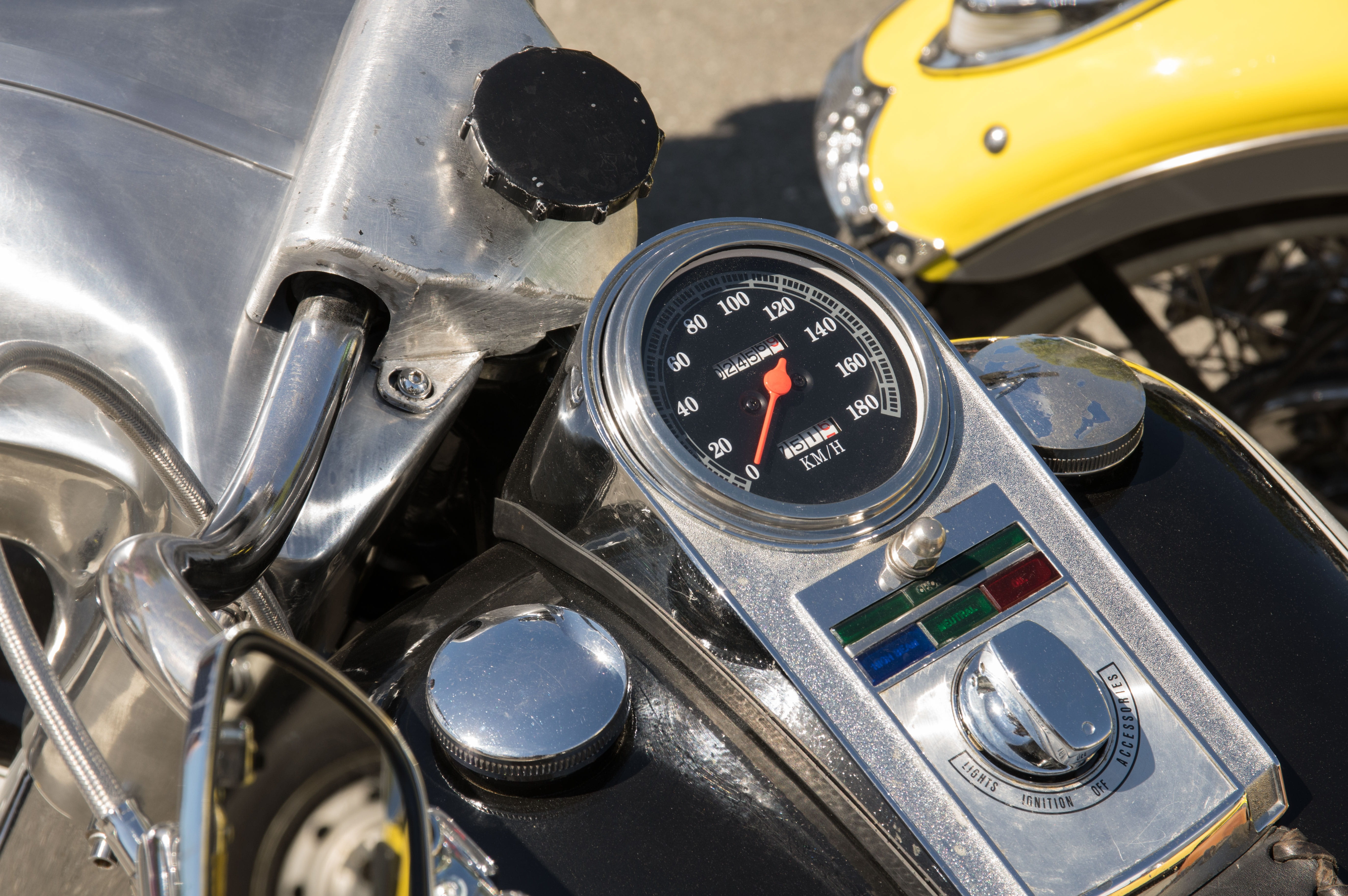 high angle view, two wheeled vehicle, no people, dashboard, chrome, car, stationary, day, control panel, cockpit, old, focus on foreground, motor vehicle, HD Wallpaper