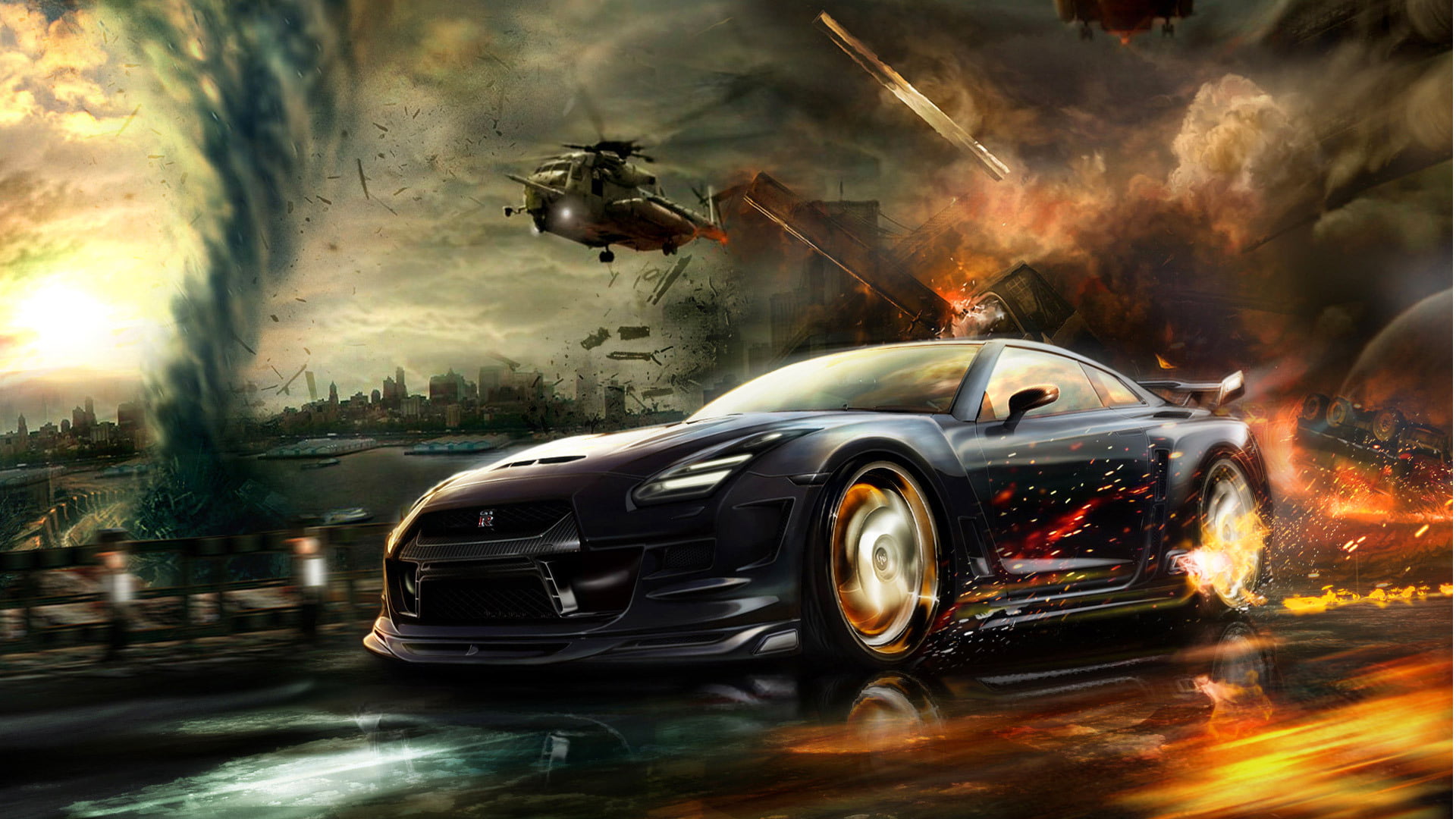 illustration, fire - Natural Phenomenon, mode of transportation, engine, transportation, the city, red, power, tornado, cloud - sky, gt-r, sky, road, headlight, HD Wallpaper