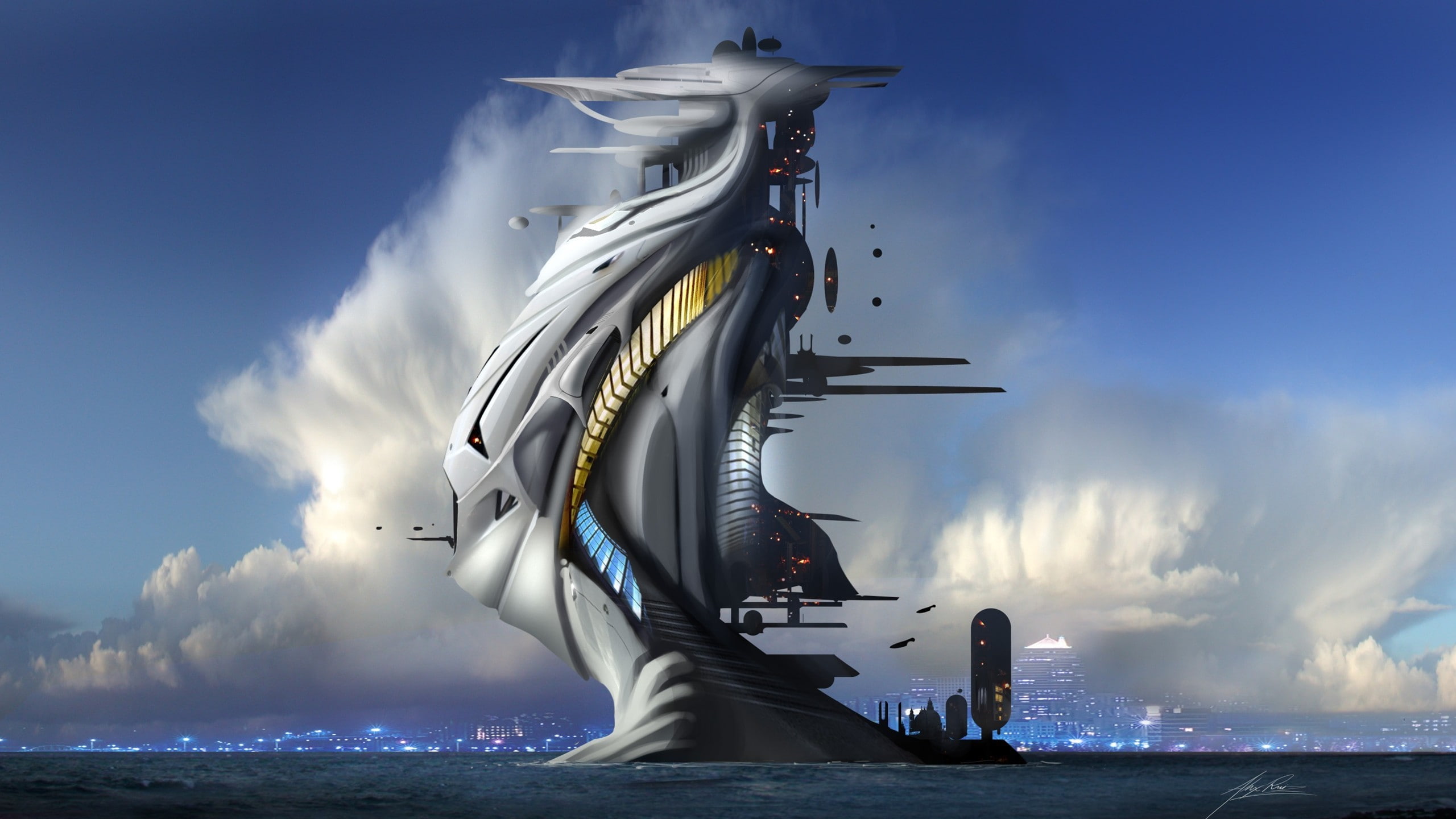 fantasy art, digital art, architecture, artwork, signatures, futuristic, clouds, sea, horizon, 2K, cityscape, water, lights, HD Wallpaper