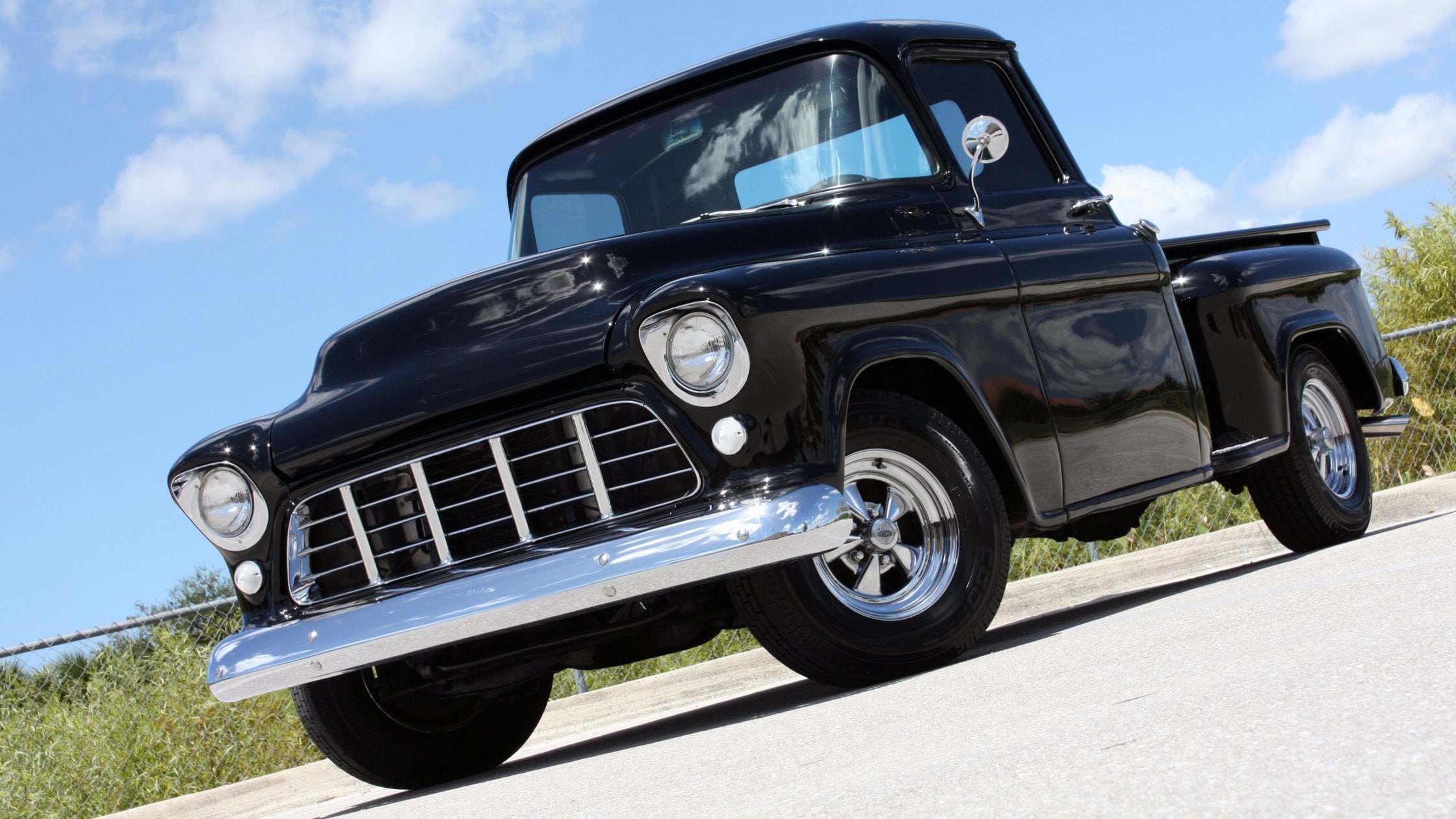 1955, streetrod, usa, 1080P, black, hotrod, hot, rod, street, 3100, stepside, chevrolet, HD Wallpaper