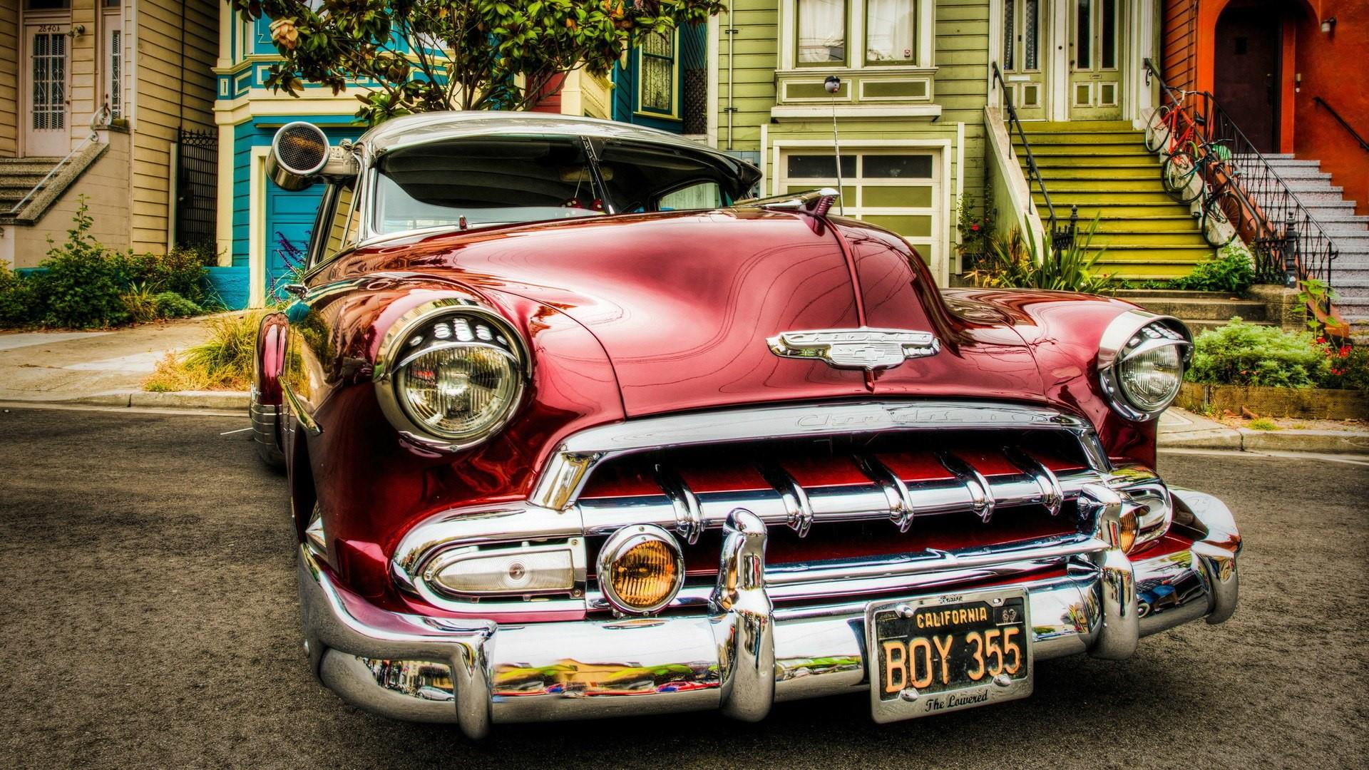 vintage car, street, no people, mode of transportation, architecture, chrome, city, stationary, vehicle, red, motor vehicle, chevy, 1080P, retro styled, HD Wallpaper