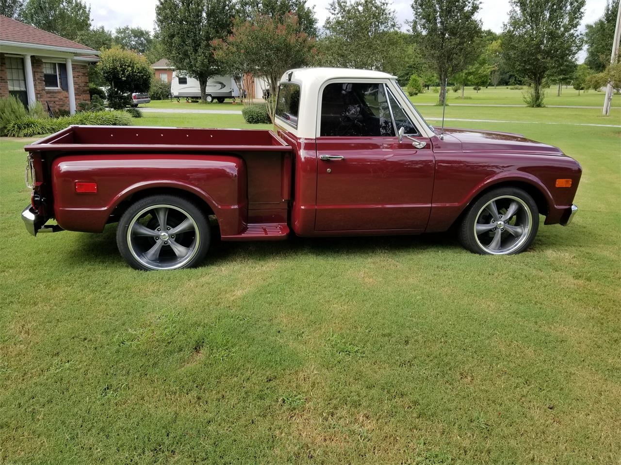 day, C10, tree, stationary, plant, outdoors, luxury, no people, mode of transportation, Chevrolet, 720P, Short-bed, Red, Old-Timer, green color, car, nature, HD Wallpaper
