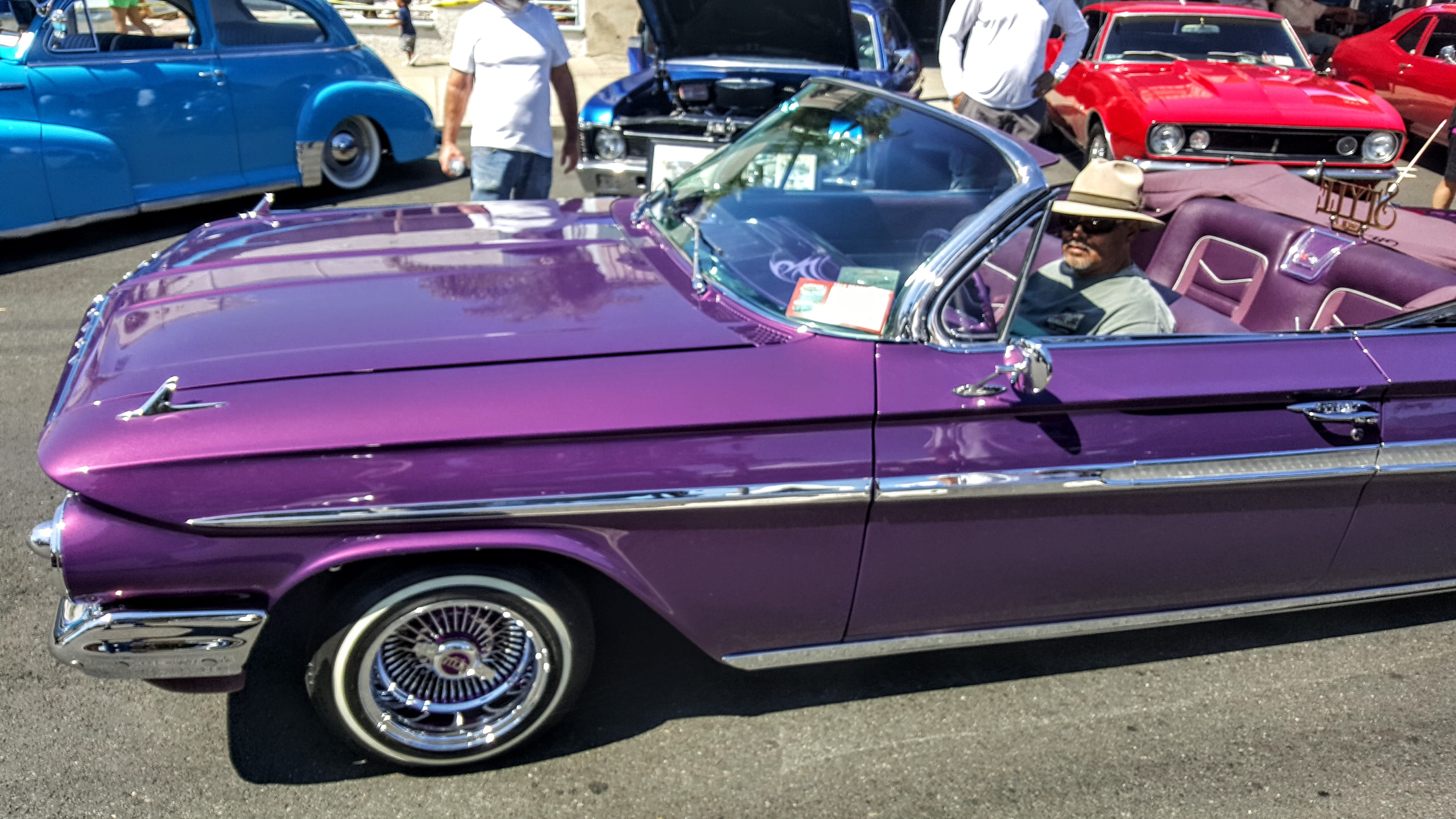 chevy, Car, day, mode of transport, picflix digital images, purple, classic cars, transportation, vintage car, outdoors, street, motor vehicle, blue, rims, HD Wallpaper
