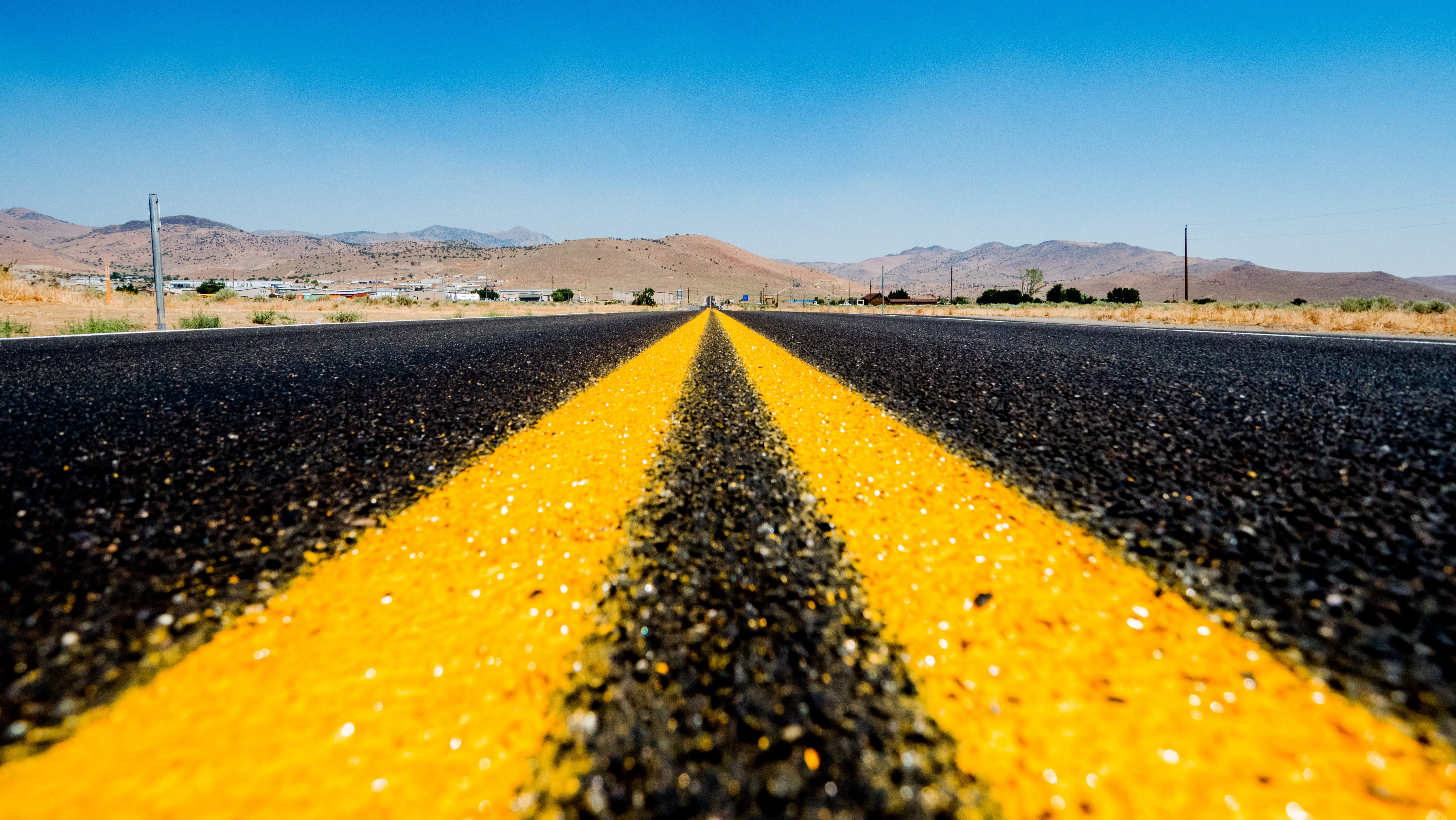 road marking, mountain, asphalt, travel, route 66, direction, highway, sign, yellow, blacktop, the way forward, outdoors, las vegas, transportation, 5K, HD Wallpaper