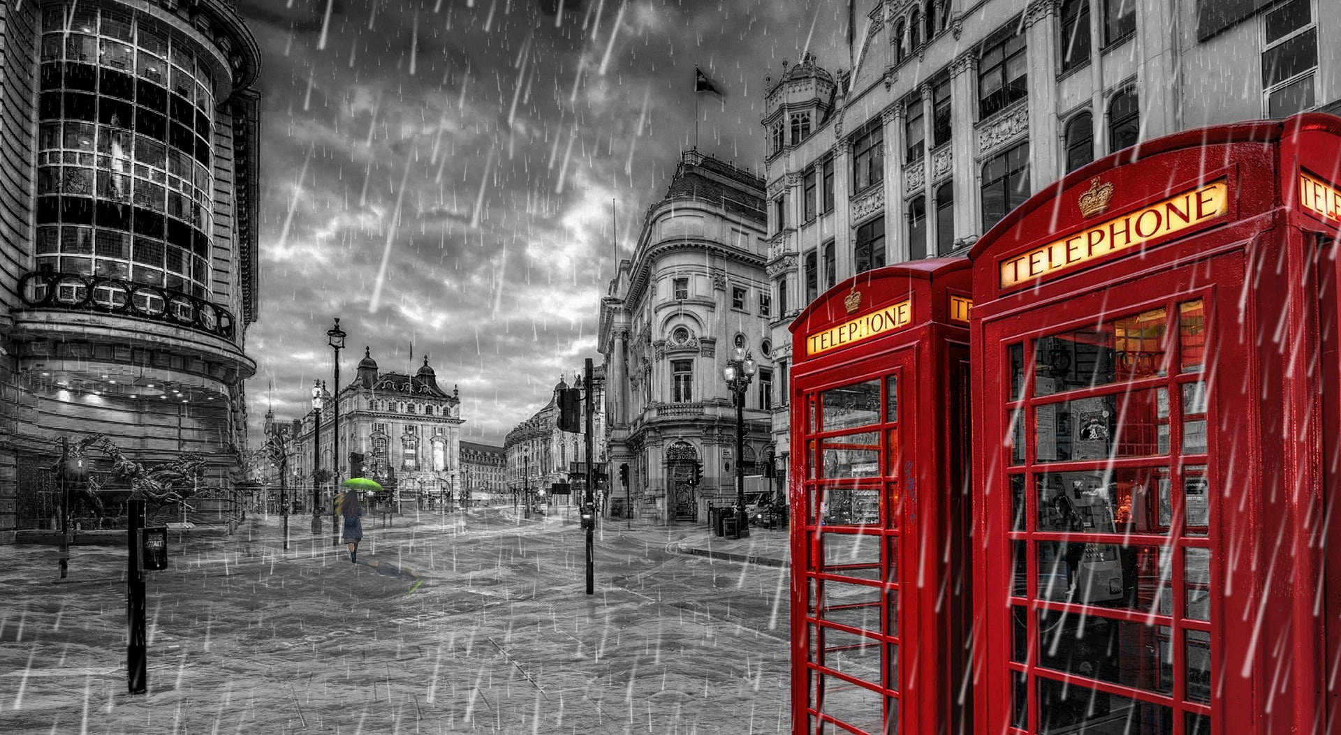 london, architecture, girlinrain, city, 1080P, Storm, window, building exterior, nature, blackwhite, sky, raining, built structure, walk, outdoors, street, HD Wallpaper