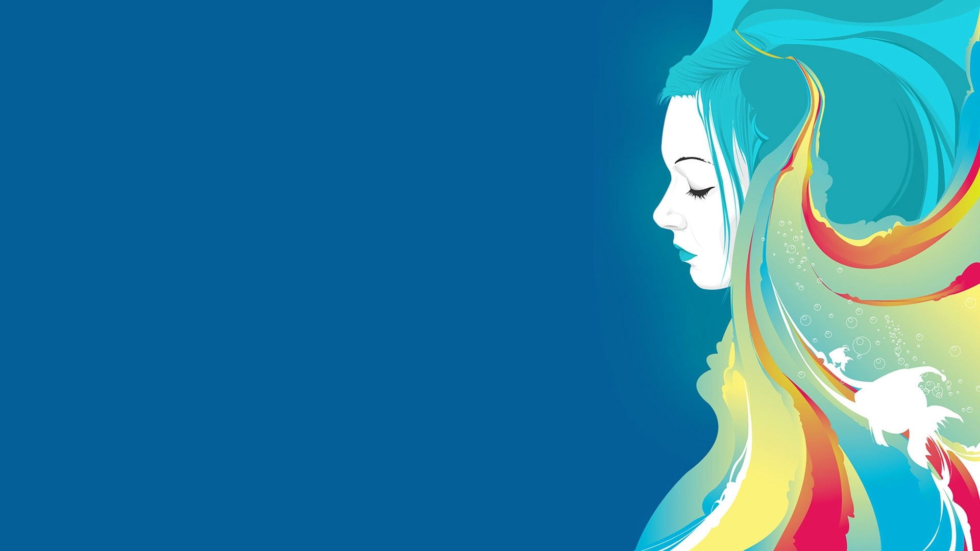 fish, red, girl, orange, colorful, yellow, 1080P, blue, drawing, hair, blue hair, women, graphic, HD Wallpaper