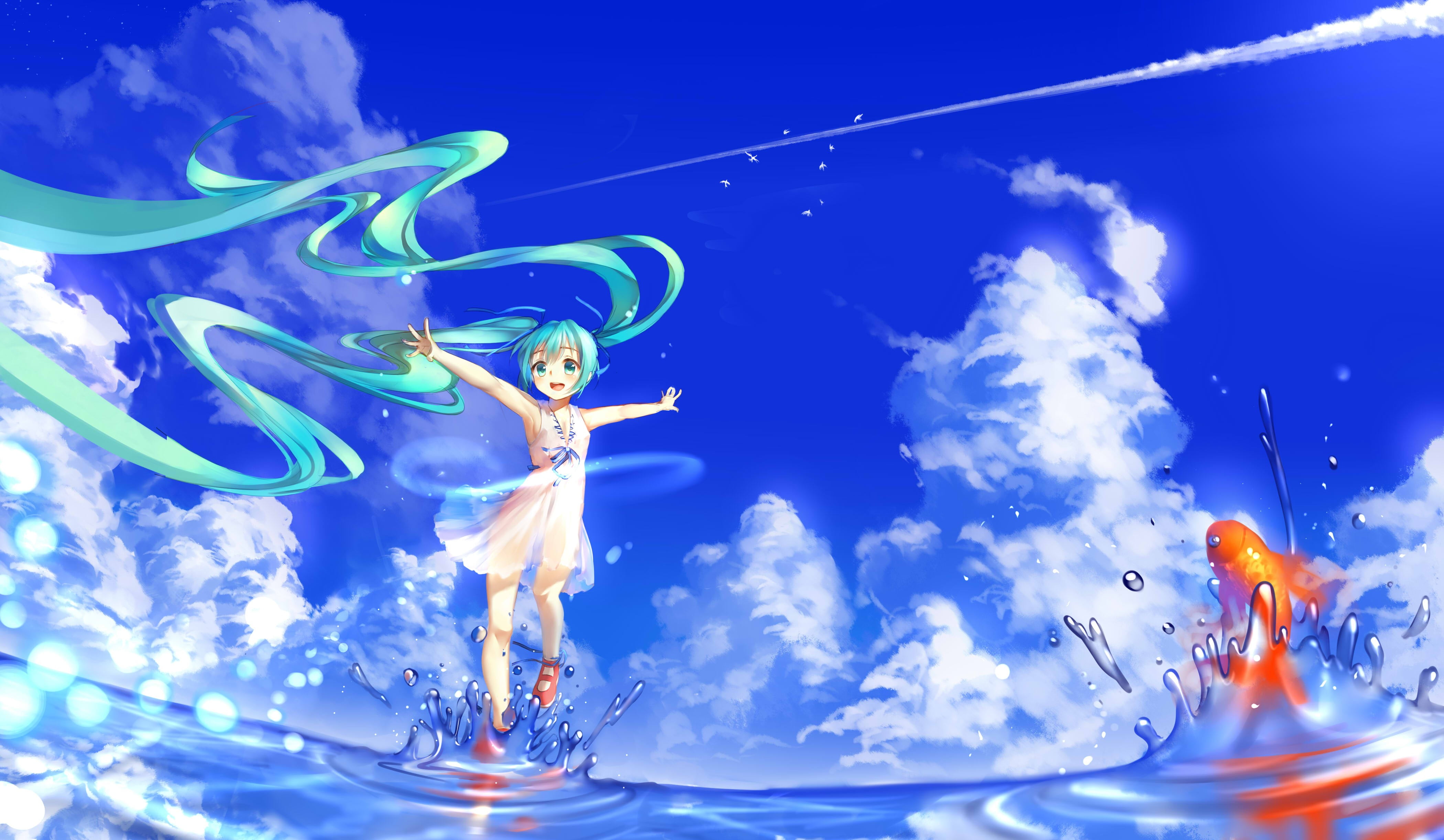 blue, outdoors, jellyfish, animal themes, swimming, animal, no people, animal wildlife, fish, animals in captivity, invertebrate, goldfish, anime girls, HD Wallpaper