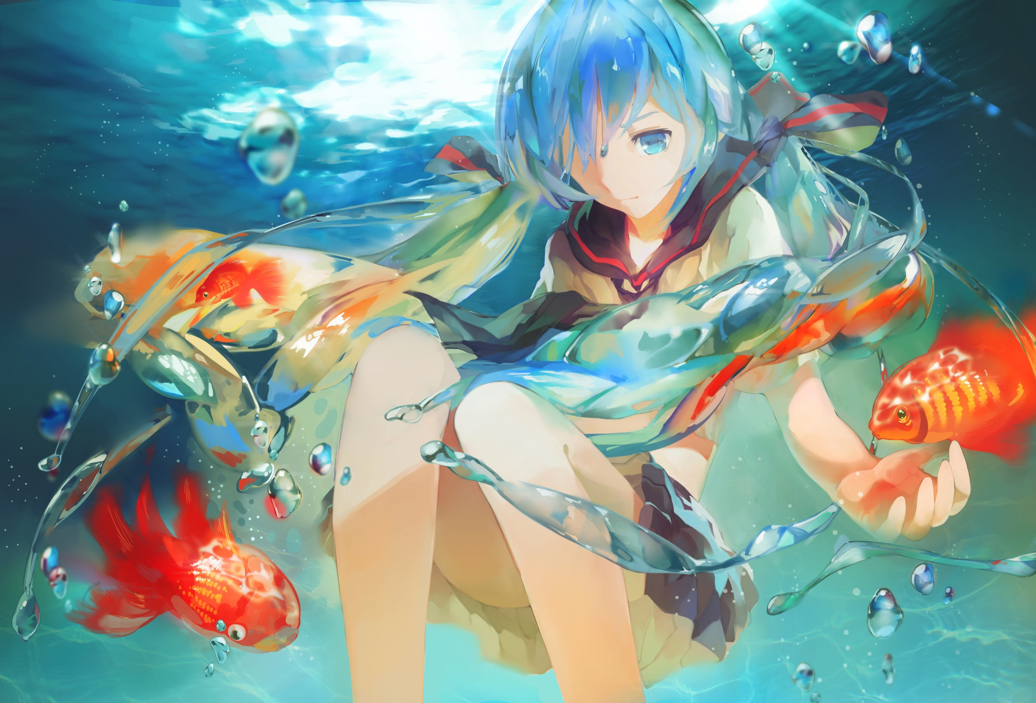 animal wildlife, goldfish, swimming pool, Bottle Miku, nature, bubbles, water, sea, Hatsune Miku, marine, indoors, multi colored, large group of animals, HD Wallpaper