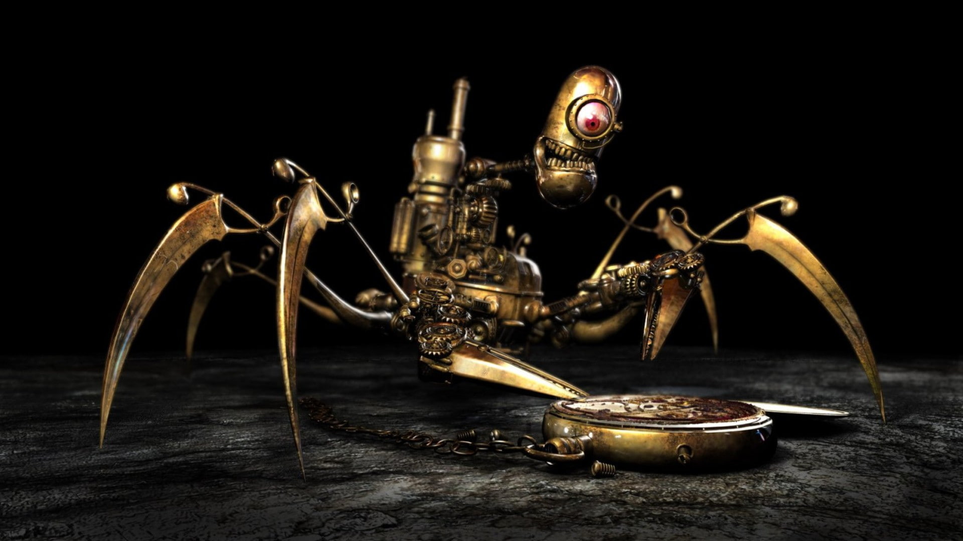 gold, 1080P, Steampunk, Pocketwatches, robot, creepy, HD Wallpaper