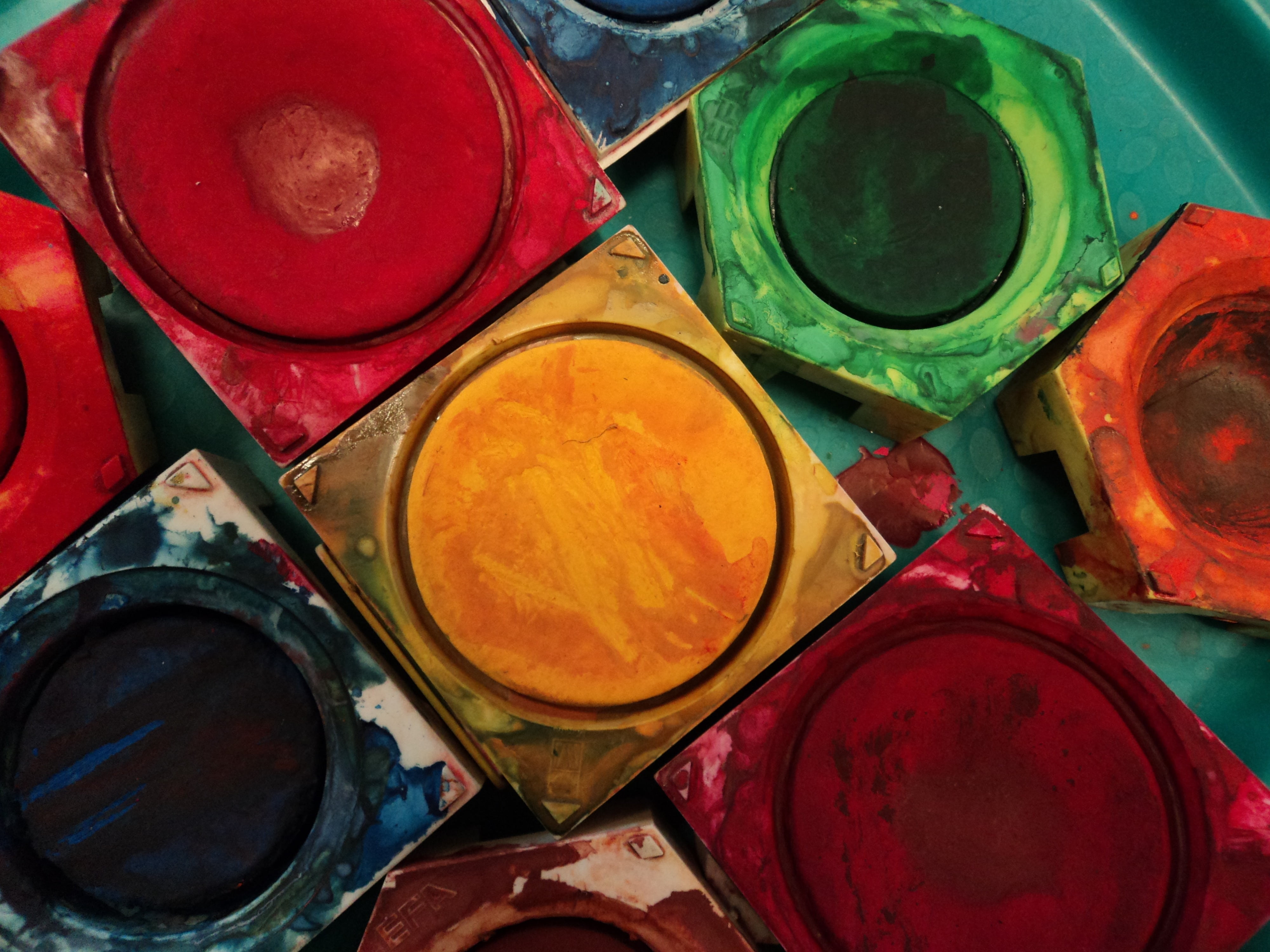 art, child, colorful, friendly, mess, yellow, paint, color, closeup, art and craft equipment, green, paint boxes, red, group of objects, assorted, photo, HD Wallpaper