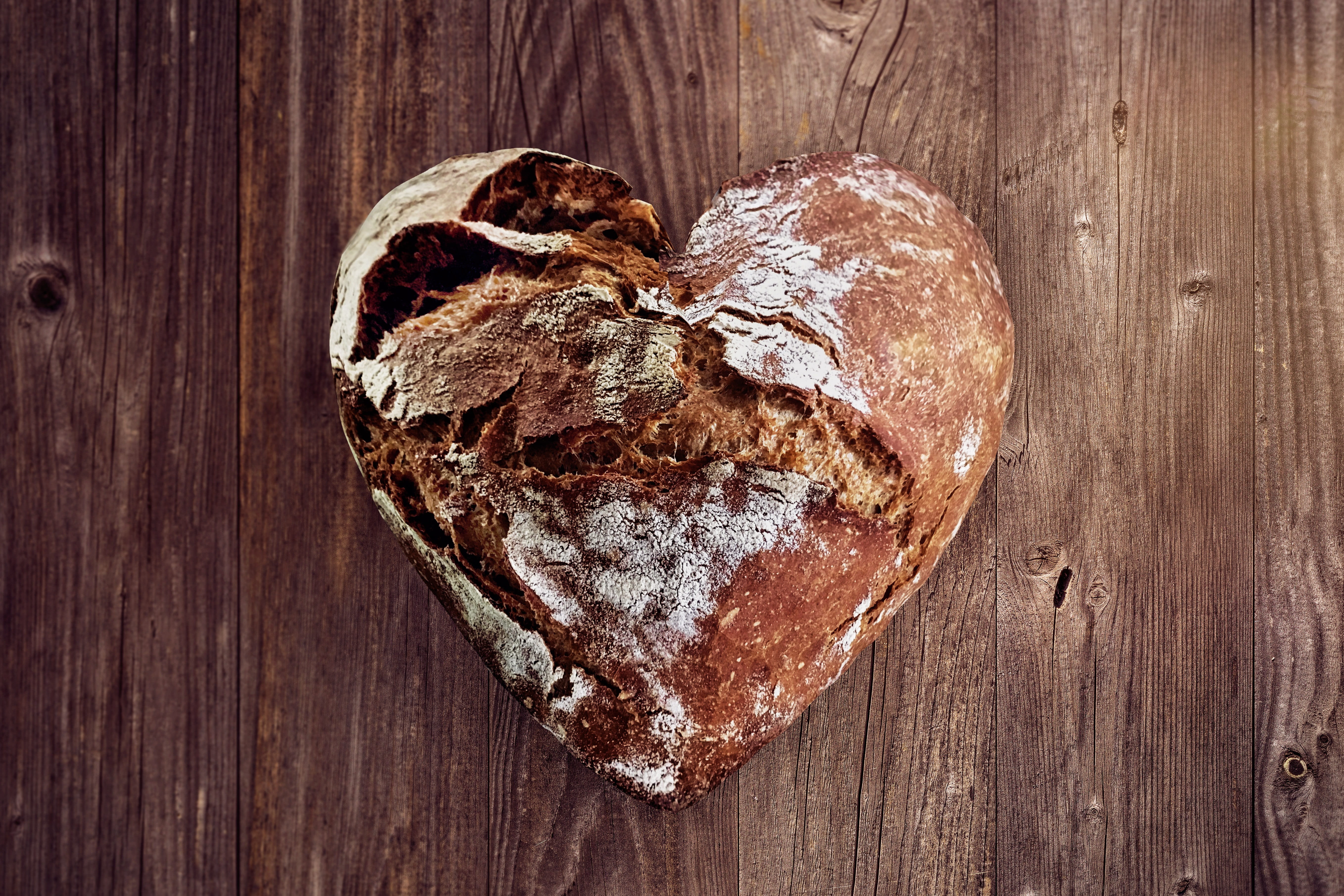 food and drink, luck, love, directly above, close-up, bakery, 5K, creative, brown, delicious, wood grain, healthy eating, wooden table, no people, snack, HD Wallpaper