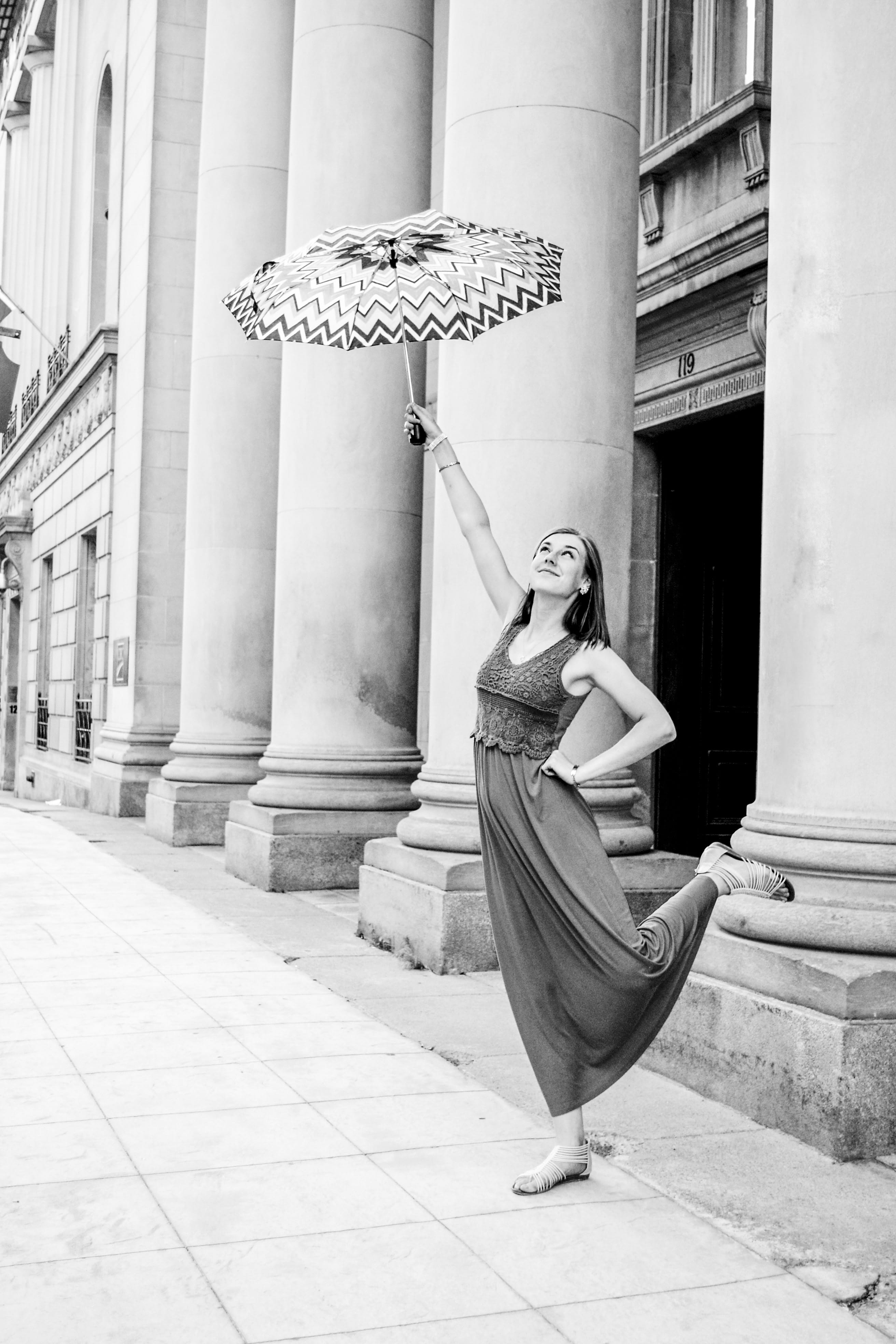 downtown, leisure activity, canada, umbrella, beauty, sparks street, adult, architectural column, women, outdoors, 4K, real people, black and white, mary poppins, Phone HD Wallpaper