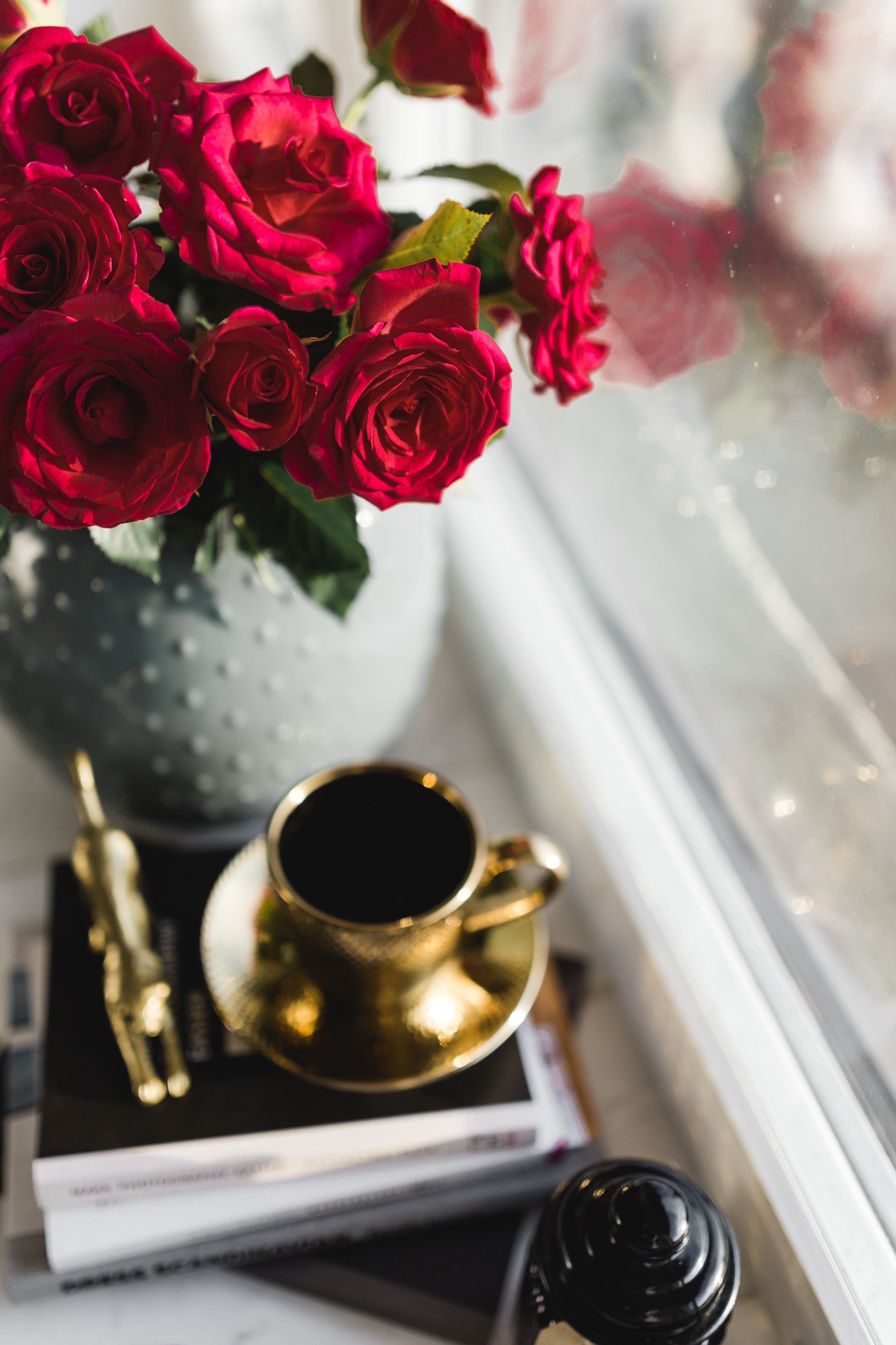 gold, plant, flower, nature, indoors, roses, cup, flower head, rose - flower, essentials, fragility, rose, books, home decor, inflorescence, freshness, Phone HD Wallpaper