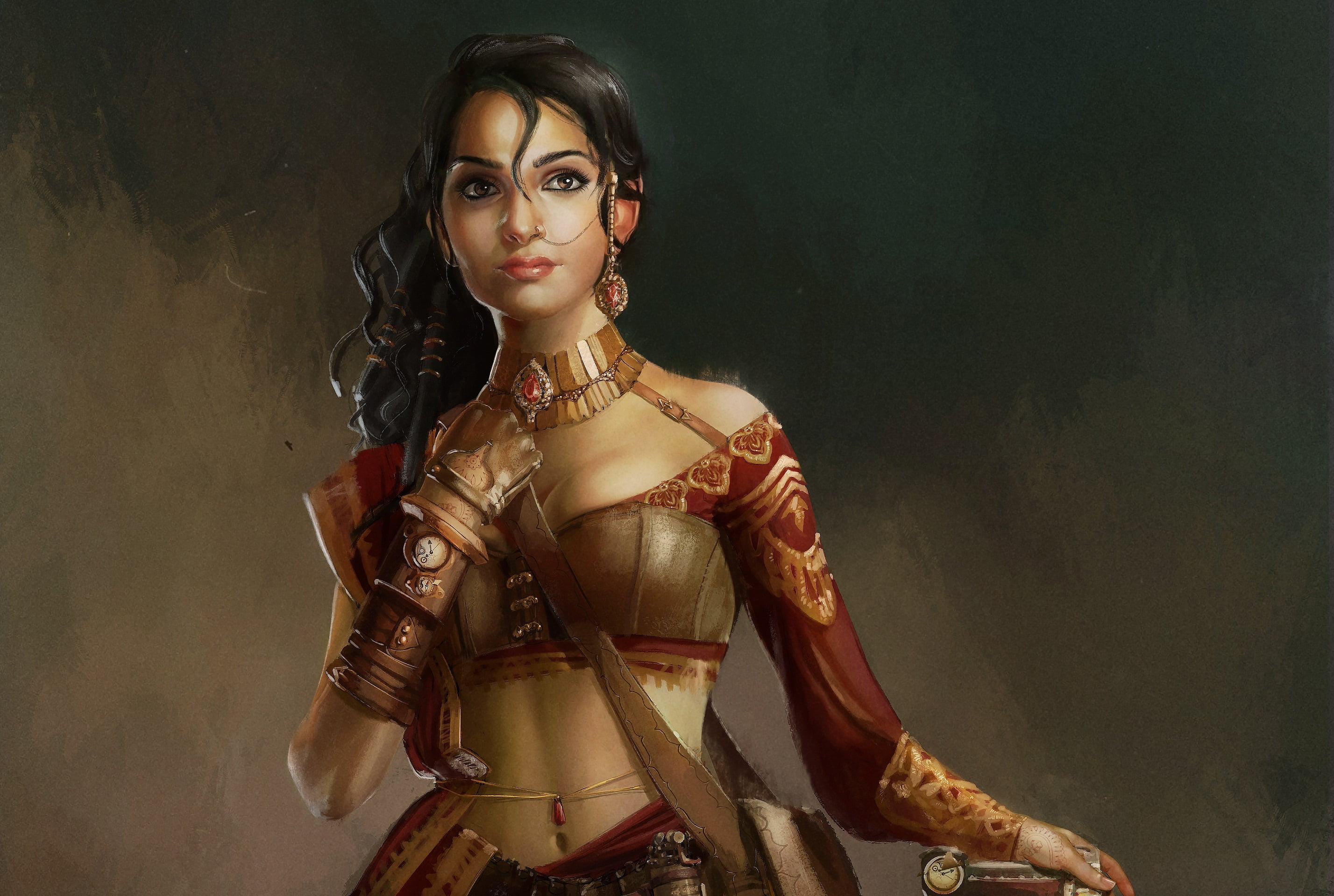 jewelry, fantasy, one person, portrait, girl, young women, looking at camera, indoors, Angelique Shelley, beauty, 2K, art, traditional clothing, standing, HD Wallpaper