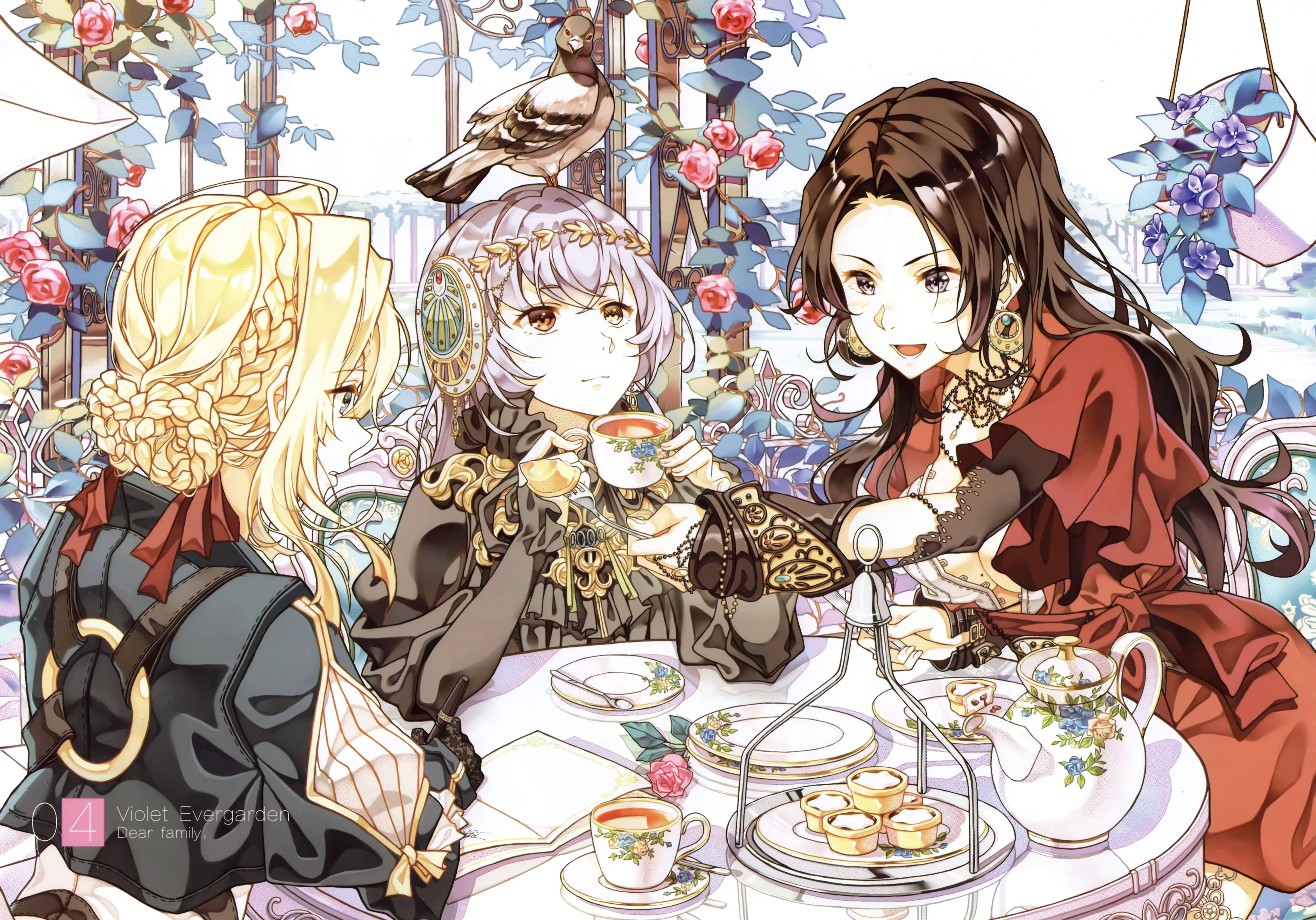 three girls, the tea party, gazebo, set, treat, plates, hairstyle, dove, red dress, Violet Evergarden, sweets, the rose Bush, Lux Sibyl, 5K, Cattleya Baudelaire, HD Wallpaper