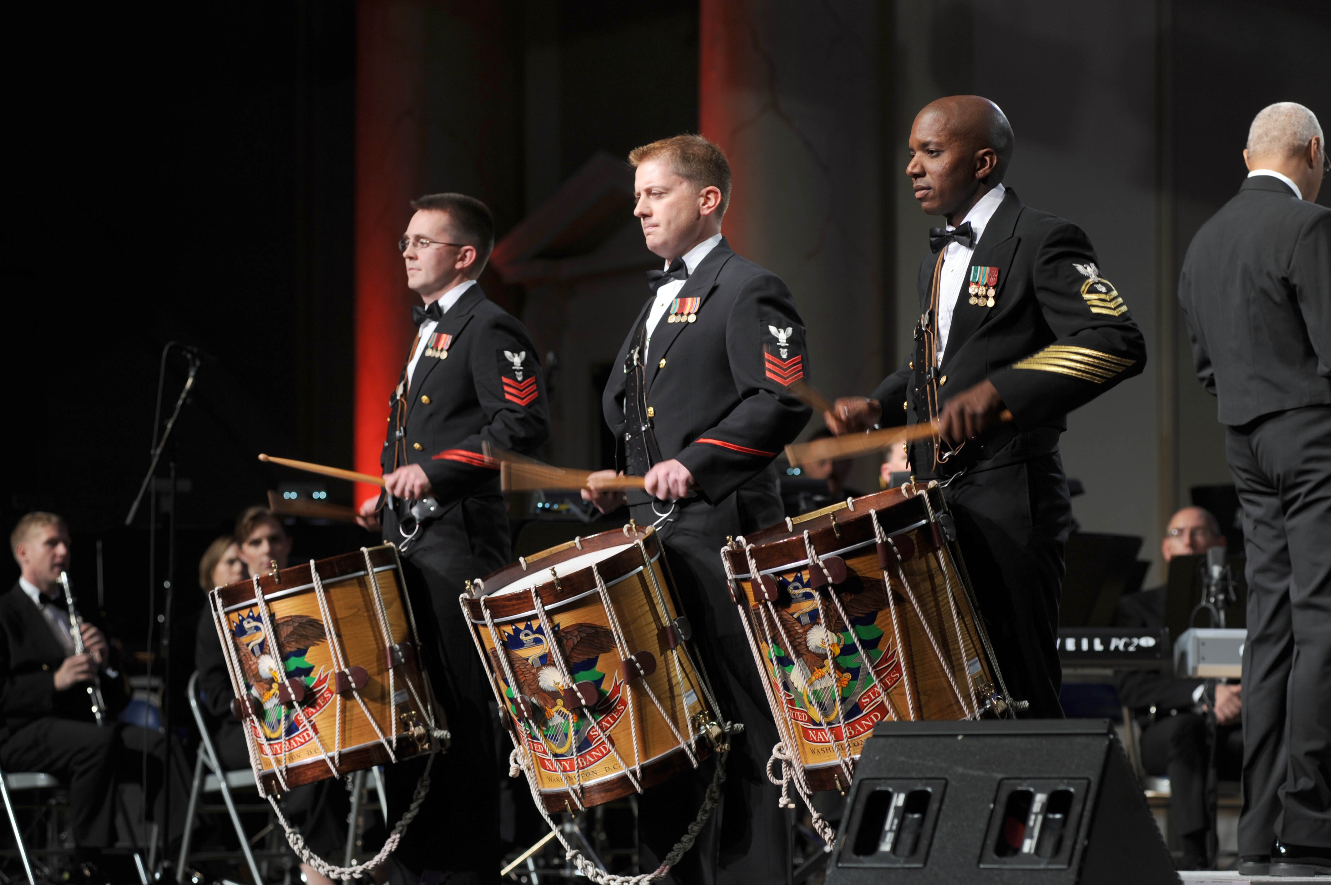 musical equipment, well-dressed, mid adult men, artist, group of people, playing, drums, plating, stage, navy, entertainment, 4K, performance, musician, HD Wallpaper