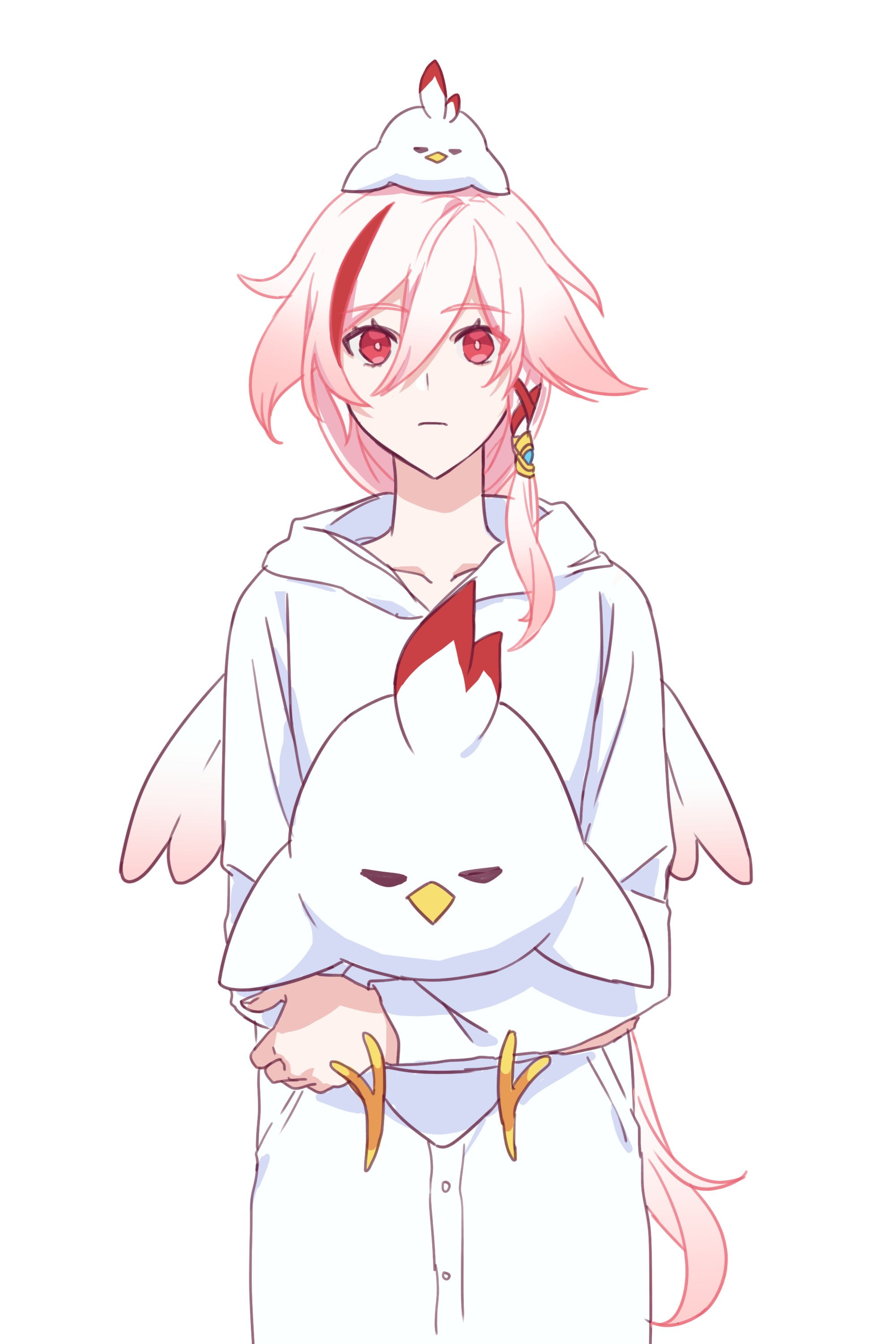 wings, chickens, simple background, pink hair, 2K, white background, red eyes, Phone HD Wallpaper
