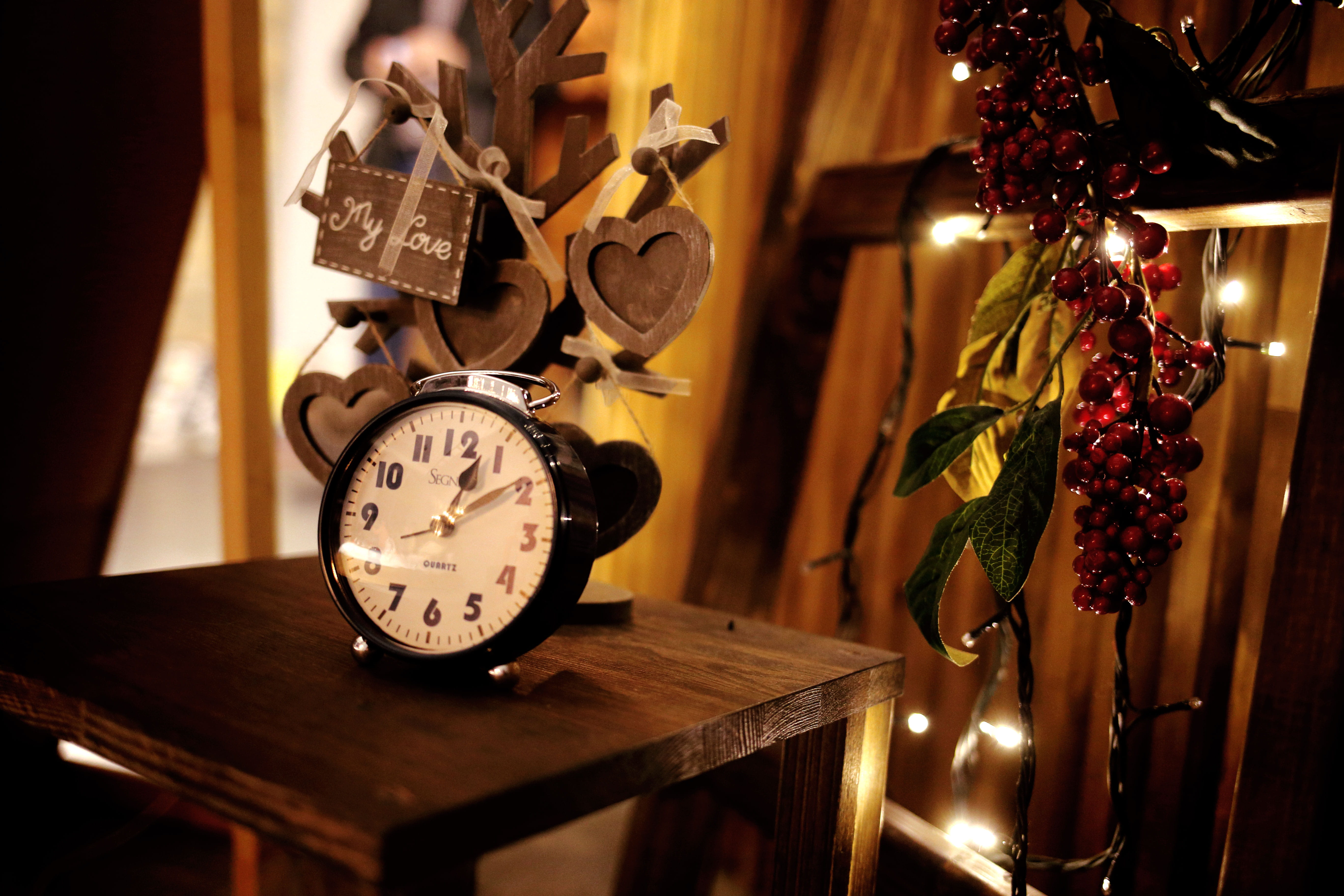 time, home interior, vintage, decoration, newyear, celebration, 5K, wood, house, still life, clock, hanging, indoors, christmas ornament, plant, clocks, HD Wallpaper