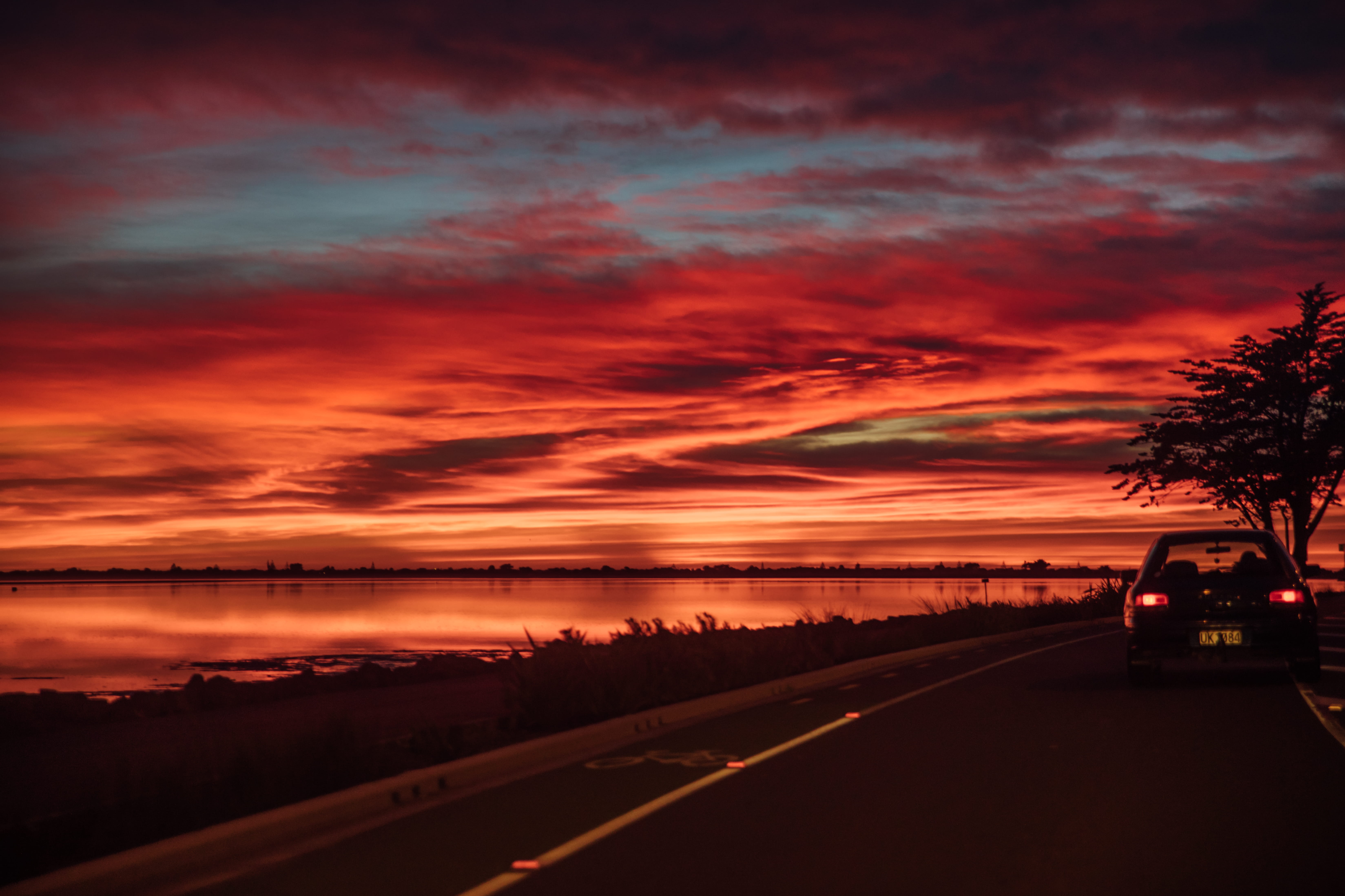 orange color, no people, nature, mode of transportation, sun, sunrise, tree, the way forward, christchurch, sumner, direction, beautiful, sunset, transportation, HD Wallpaper