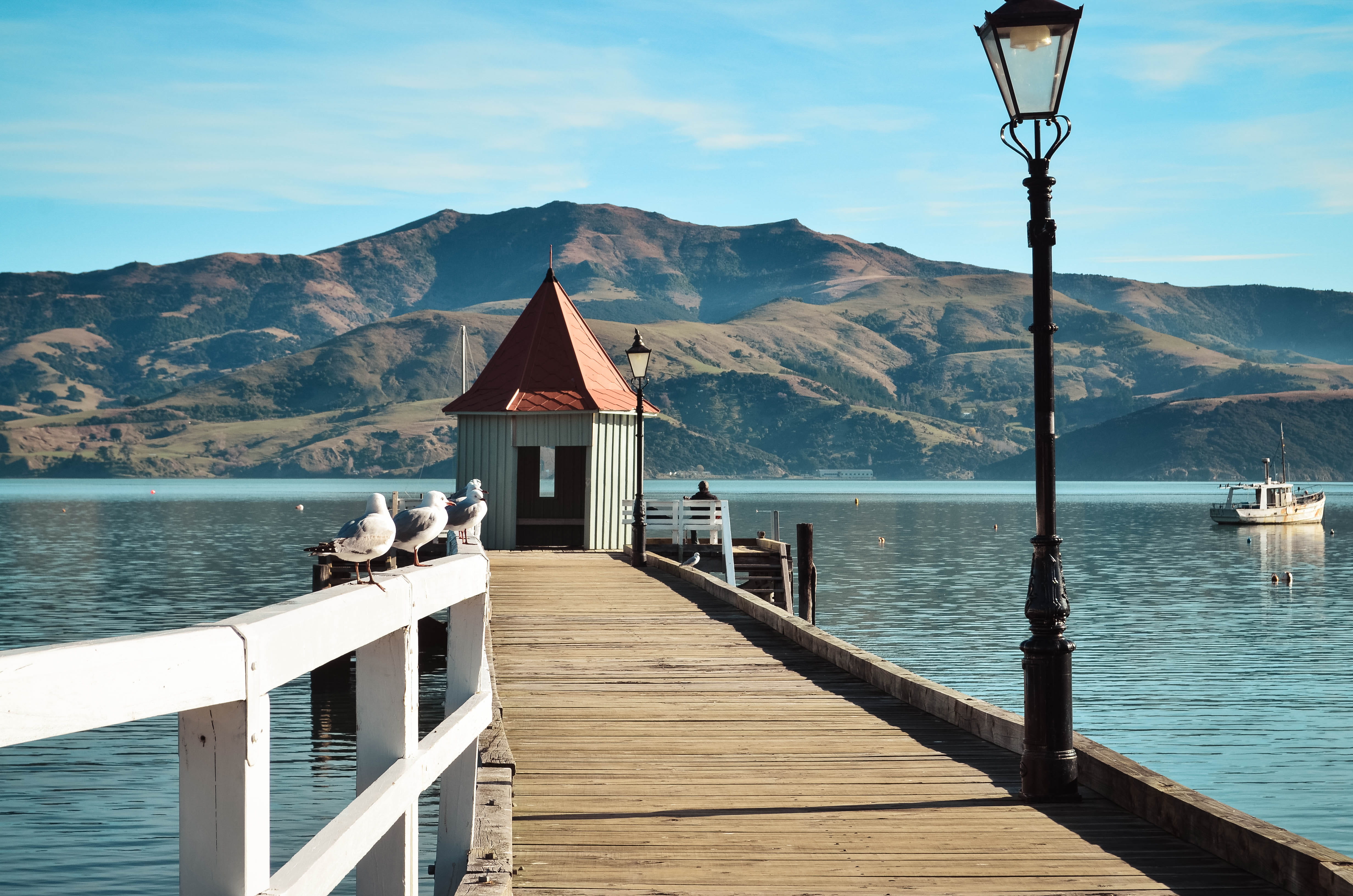 lake, nature, beauty in nature, no people, mountain, scenery, new zealand, water, building, calm, hills, blue, 4K, outdoors, sky, birds, wood - material, HD Wallpaper