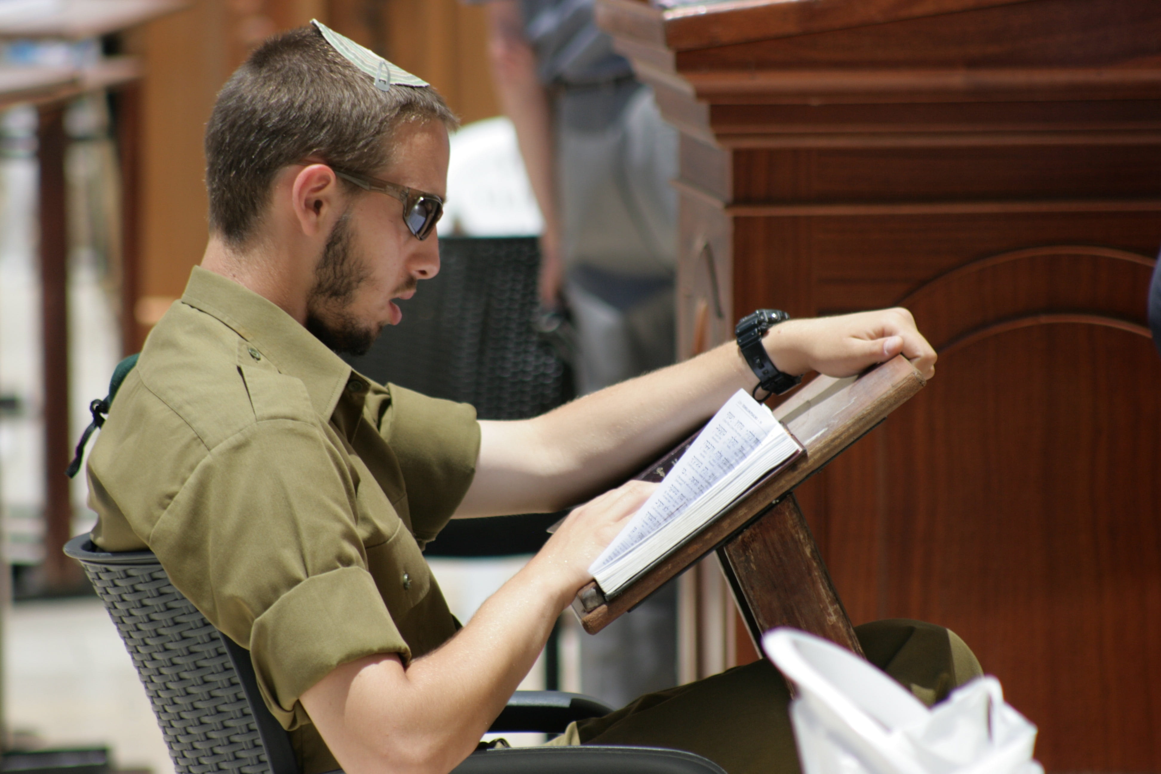 book, studying, looking down, paperwork, looking, sitting, prayer, siddur, learning, holding, man, soldier, hebrew, publication, side view, 4K, concentration, HD Wallpaper