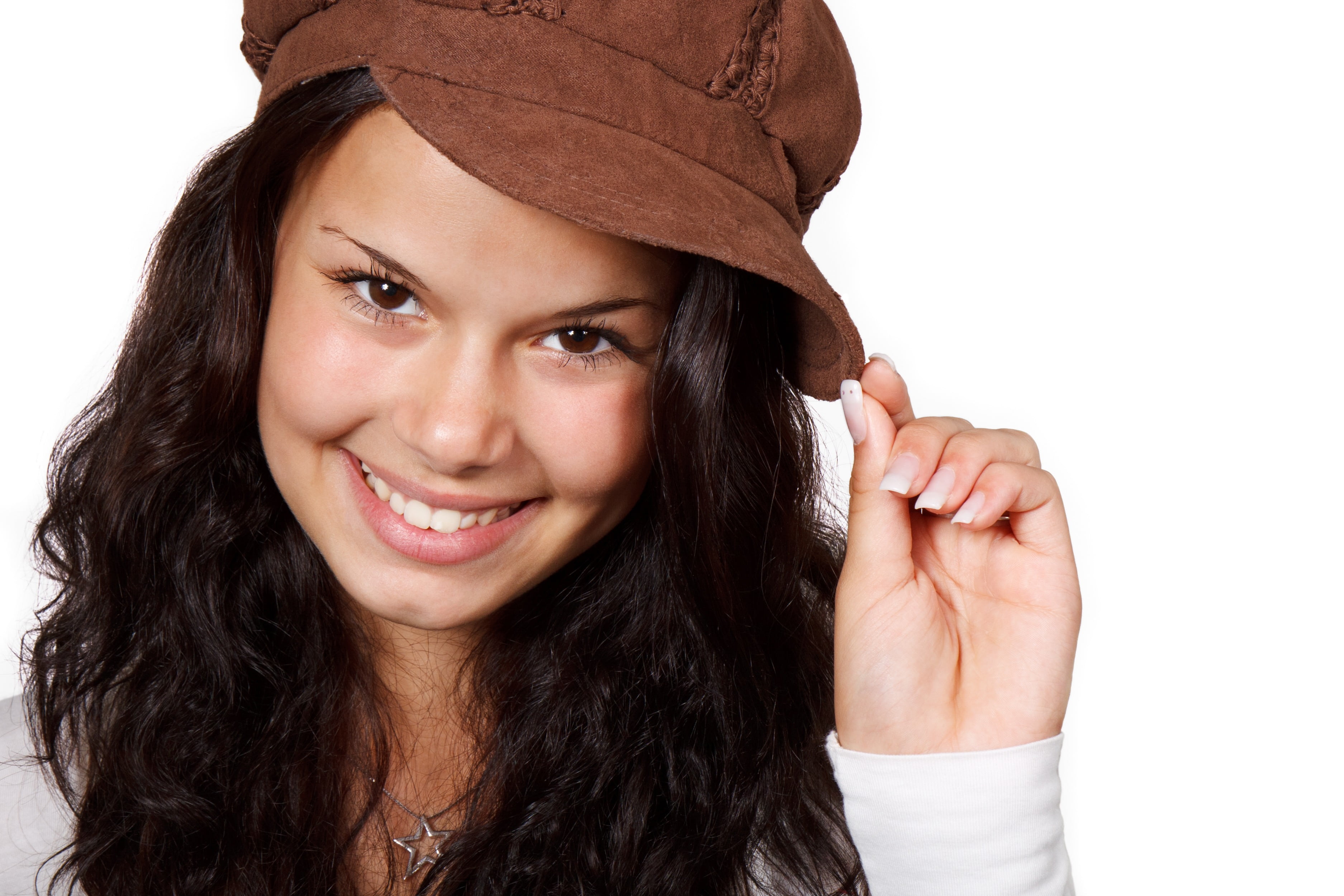 woman, teenager, brown Hair, women, cap, hairstyle, wearing, young, happiness, cute, human body part, healthy, body part, white Background, isolated, female, HD Wallpaper