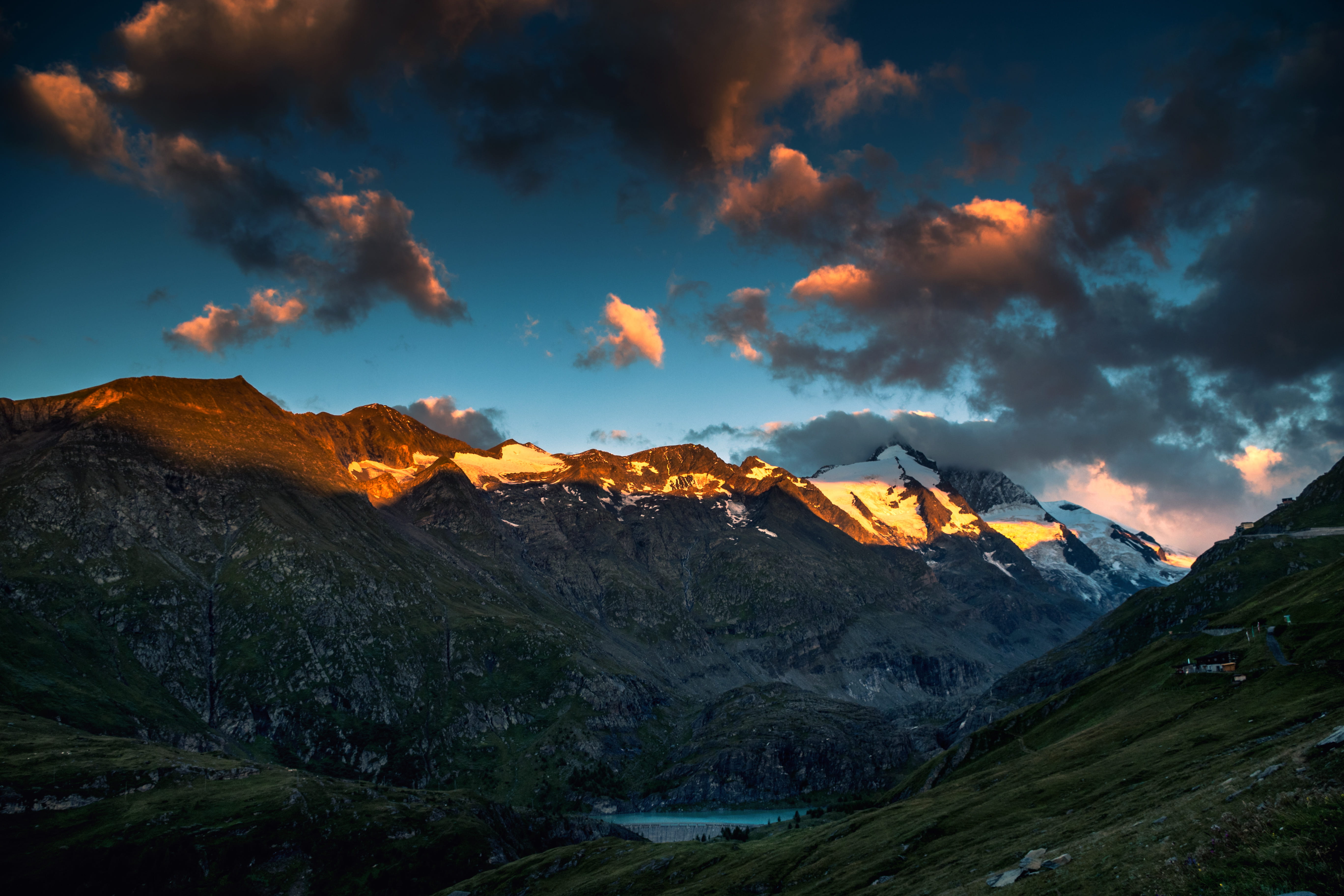 scenics, cloudscape, blue, cold temperature, mountain Range, tranquil scene, lake, mountain Peak, valley, outdoors, view, sunlight, sunrise - Dawn, dusk, HD Wallpaper