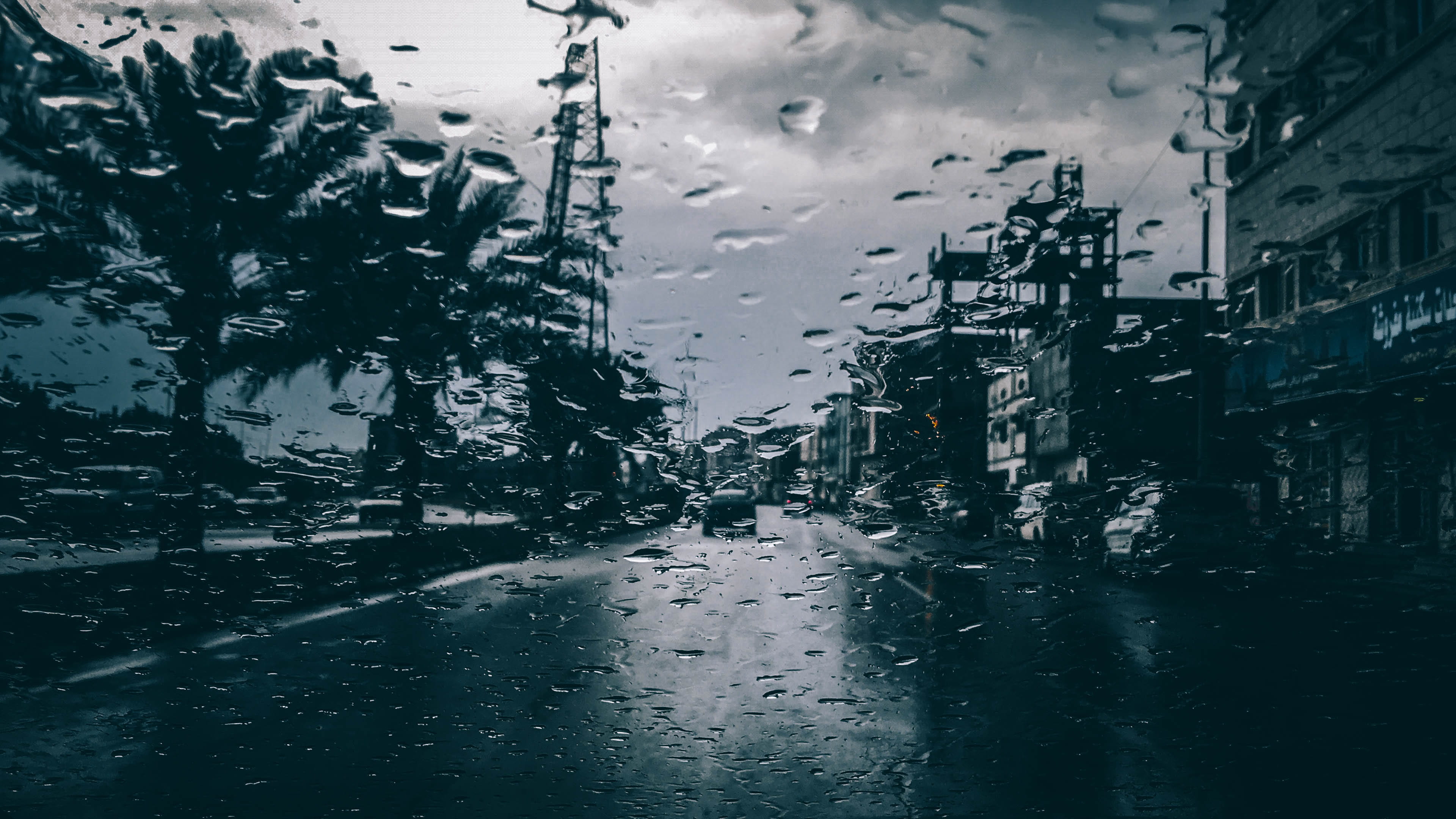 glass - material, drop, grayscale, land vehicle, outdoors, no people, built structure, black, road, la, chill, building exterior, diminishing perspective, HD Wallpaper