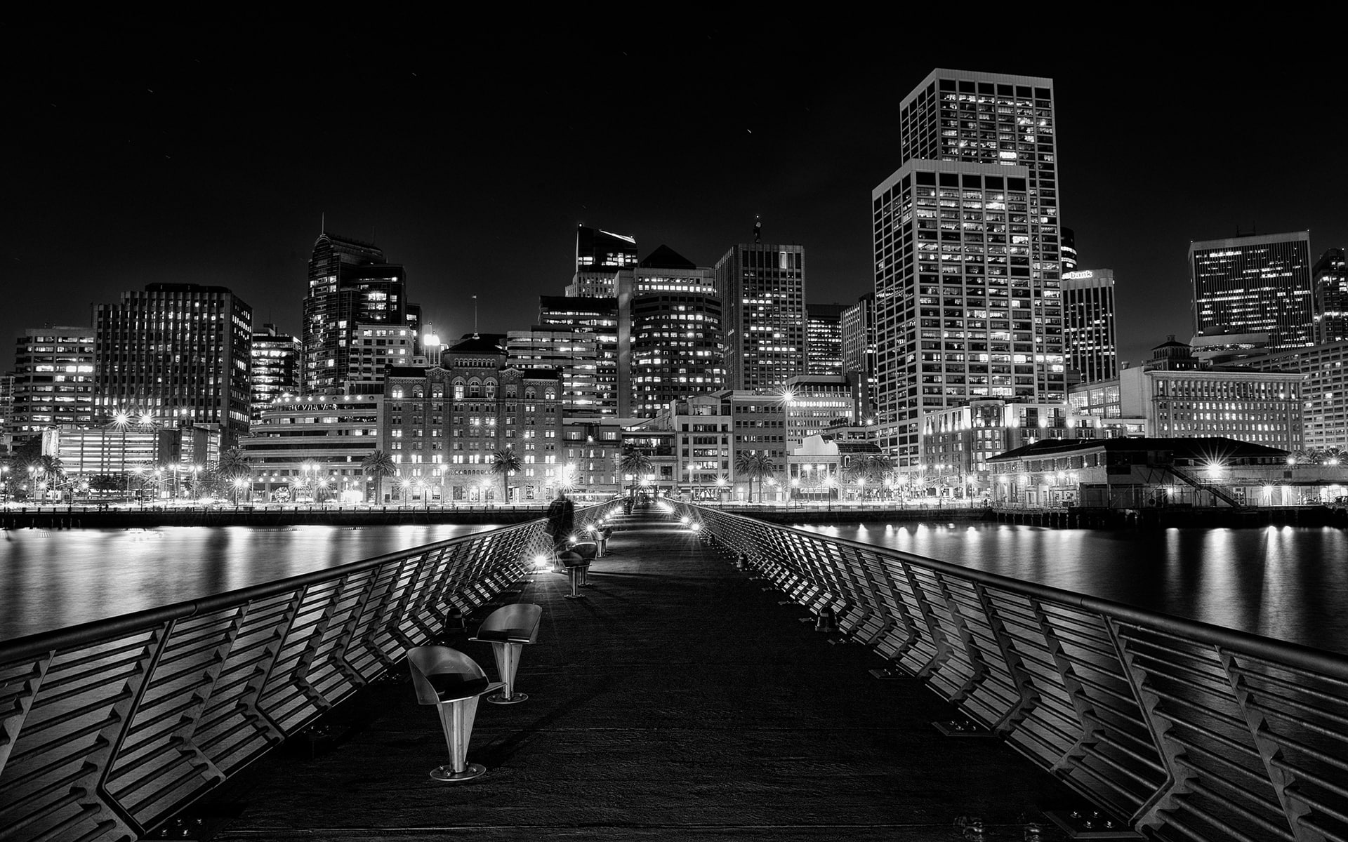 cityscape, 1080P, night, hd, skyscrapers, francisco, buildings, bw, san, lights, HD Wallpaper