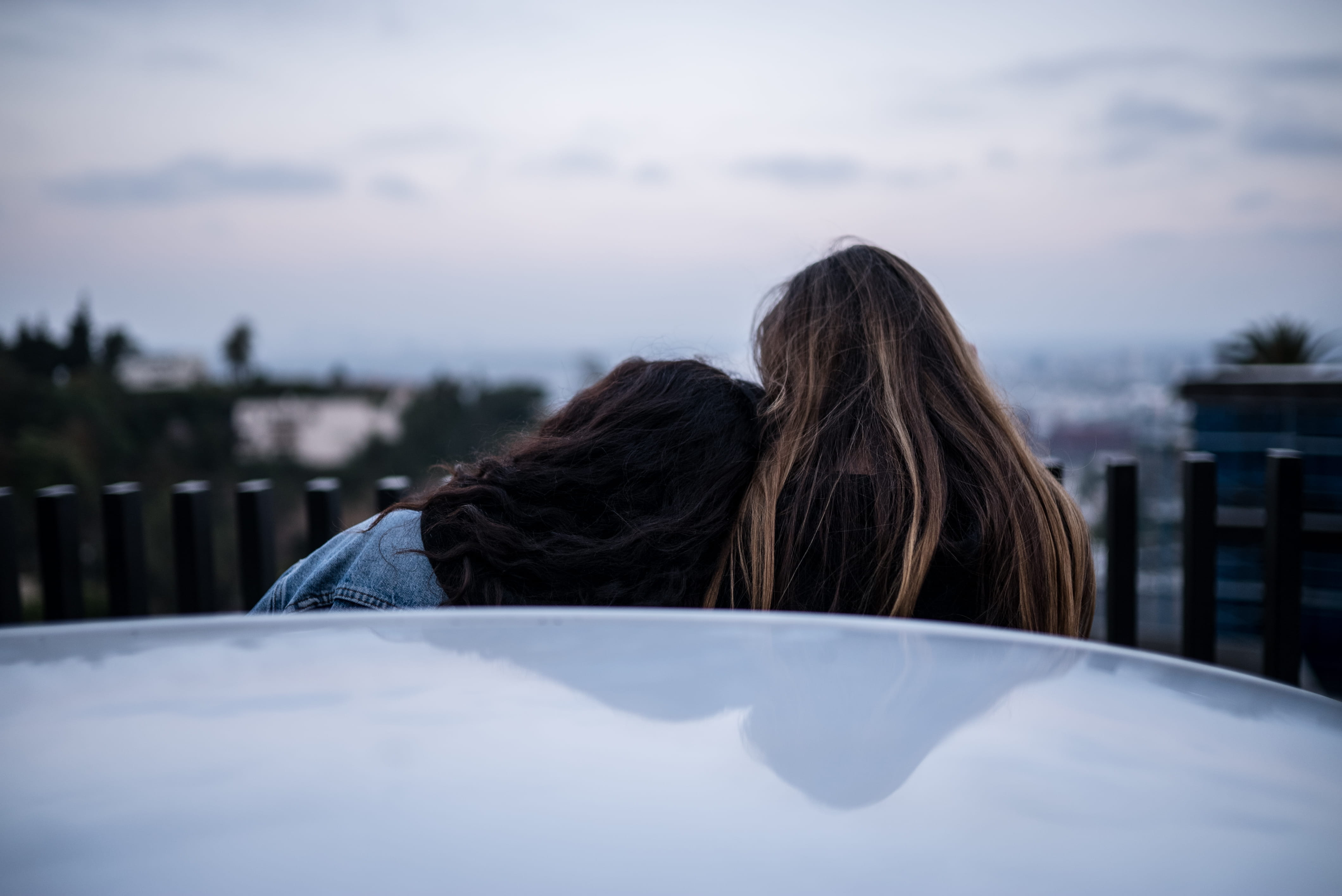 women, sky, long hair, human hair, hollywood hills, adult, real people, sunset, cute girls, leisure activity, hair, rear view, couple - relationship, positive emotion, HD Wallpaper