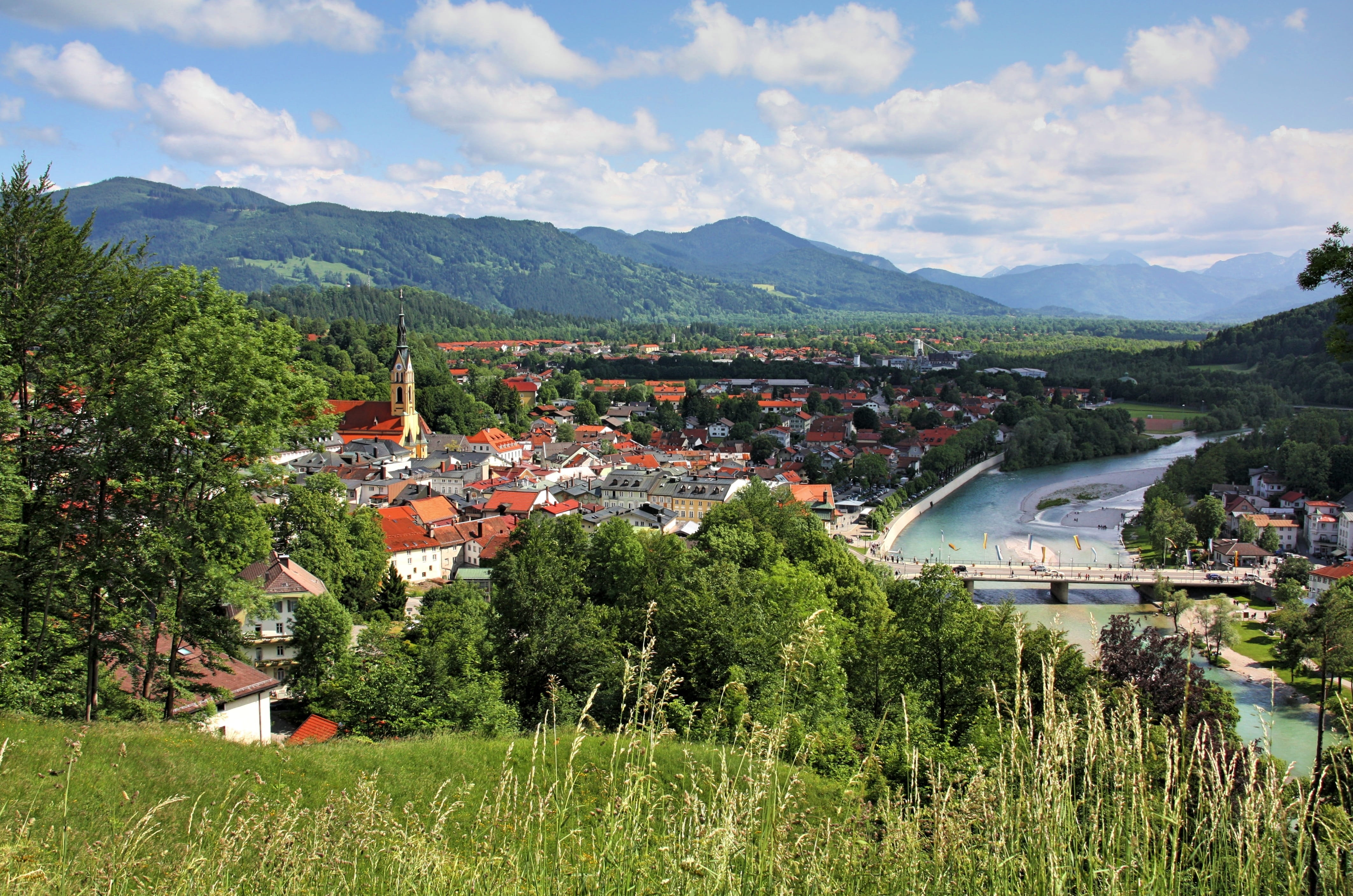 waters, bavaria, summer, plant, water, townscape, high angle view, town, sky, no people, built structure, tree, day, panoramic image, outdoors, places of interest, HD Wallpaper